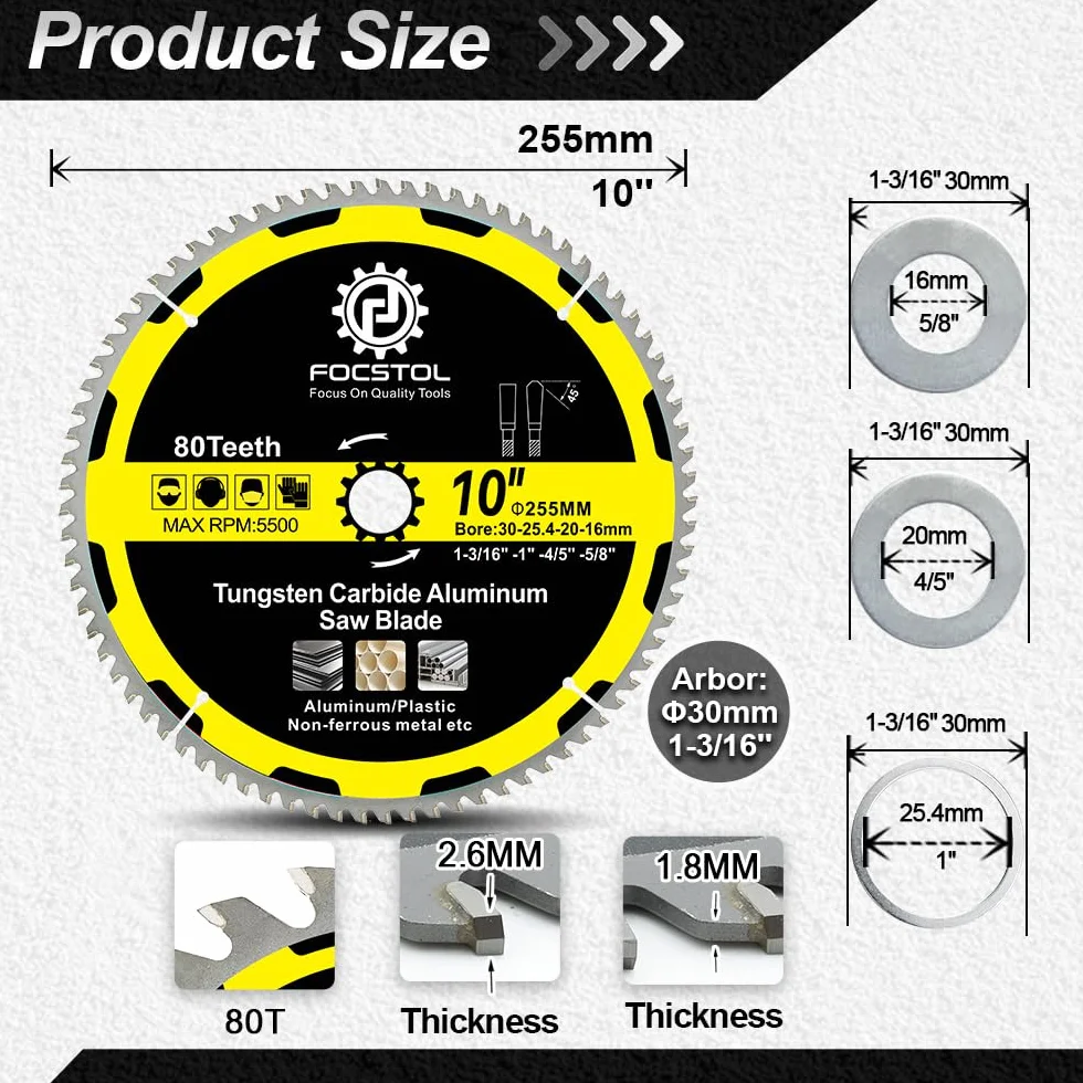 FOCSTOL Tarcza tarczowa do aluminium 255 mm x 30 mm, 2 szt. tarcza aluminiowa z 48 zębami do metalu nieżelaznego z tworzywa sztucznego