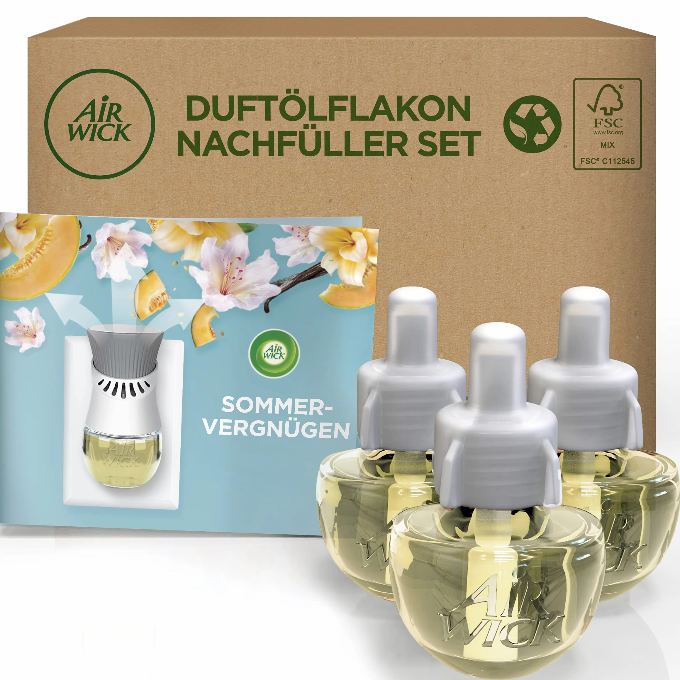Air Wick Flakon olejku zapachowego zestaw uzupełniający Life Scents 3 x 19 ml letnia przyjemność zapach świeżych kwiatów melonów i wanilii