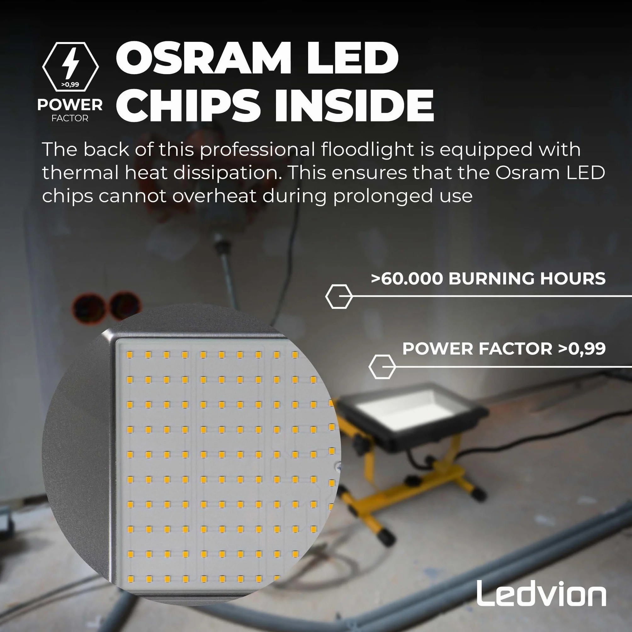 Ledvion Lampa budowlana LED, IP65, 100 W, 120 lm/W, 12000 lumenów, 6500 K, w zestawie kabel przyłączeniowy 1,5 m, lampa zewnętrzna