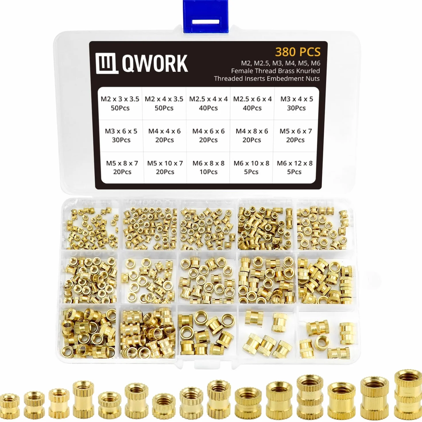 QWORK® 380 szt. Mosiężna gwintowana wkładka Nakrętki M2 M2.5 M3 M4 M5 M6 Gwint żeński Nakrętki radełkowane Zestaw asortymentowy