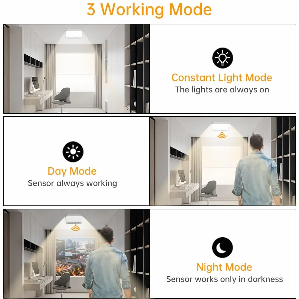 URAQT Lampa Sufitowa LED z Czujnikiem Ruchu, Bezprzewodowa, 3000K/4000K/6500K, Akumulatorowa, z Pilotem i Timerem, Åšciemnialna, do Łazienki, Sypialni, Korytarza