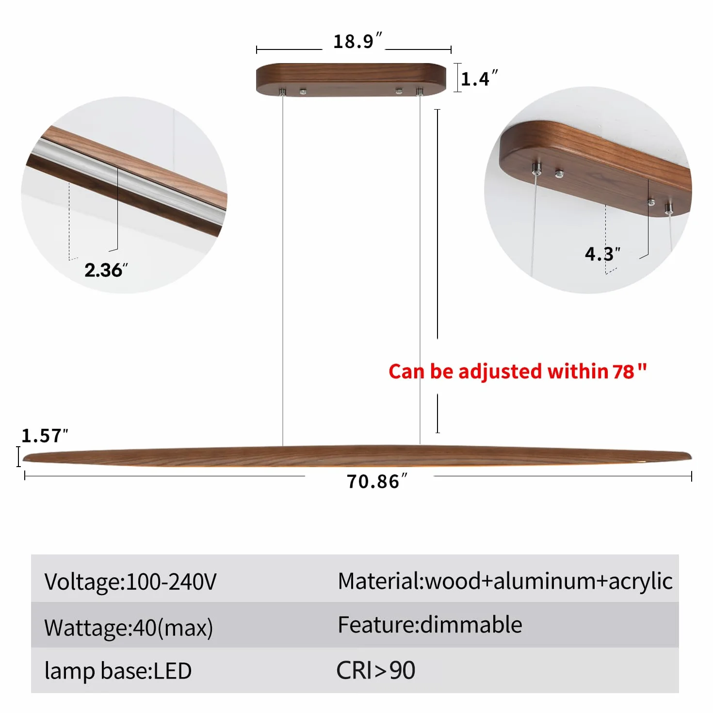 YISDESIGN 180 cm drewniana liniowa lampa wisząca - światła do jadalni i wyspy - LED ściemniany liniowy żyrandol - 40 W - kolor orzecha włoskiego