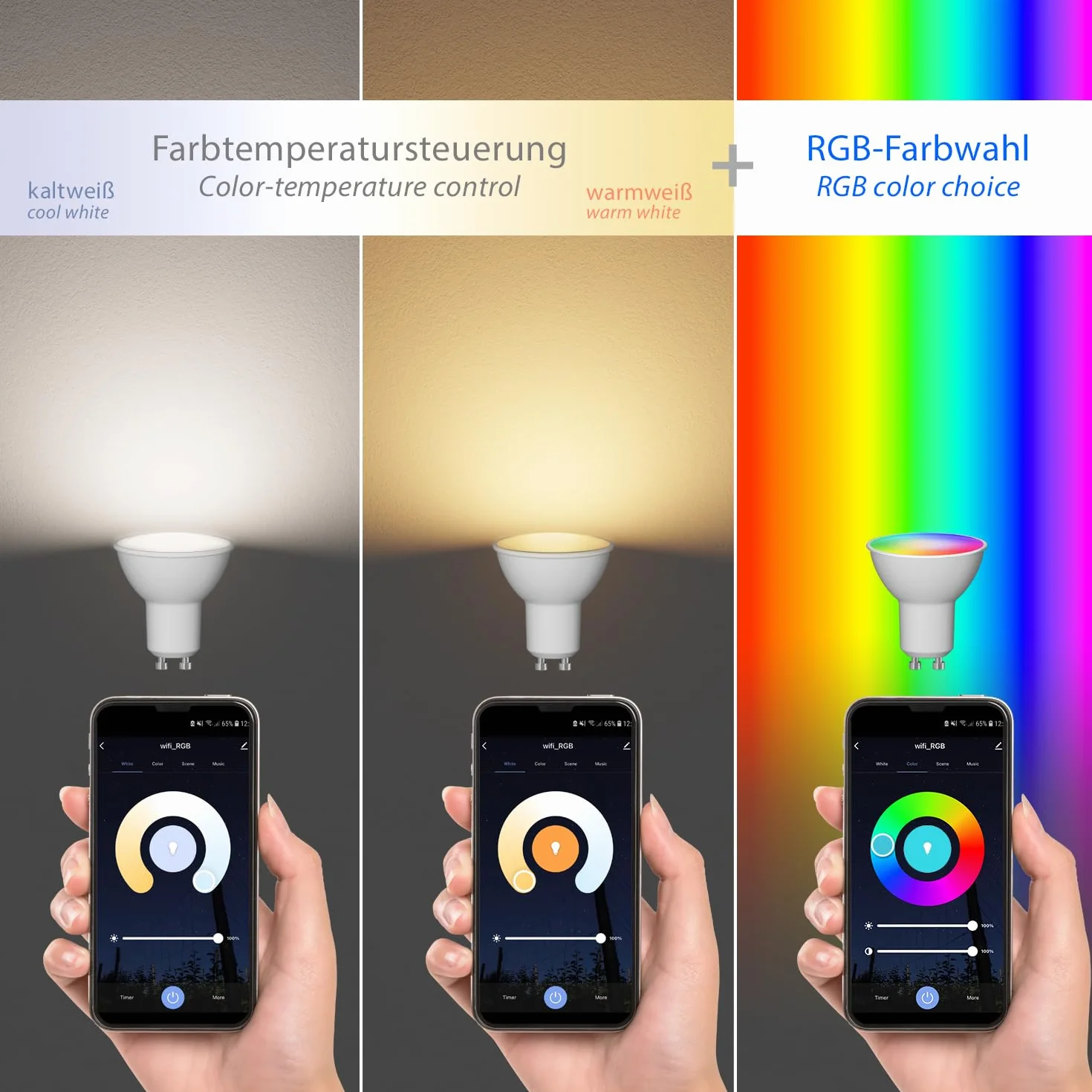 ledscom.de 2 spoty ścienne WAIKA, jednopłomienne, z przełącznikiem, GU10, biały mat, w zestawie z lampą LED Smart Home RGBW GU10, 5.41W, 473lm