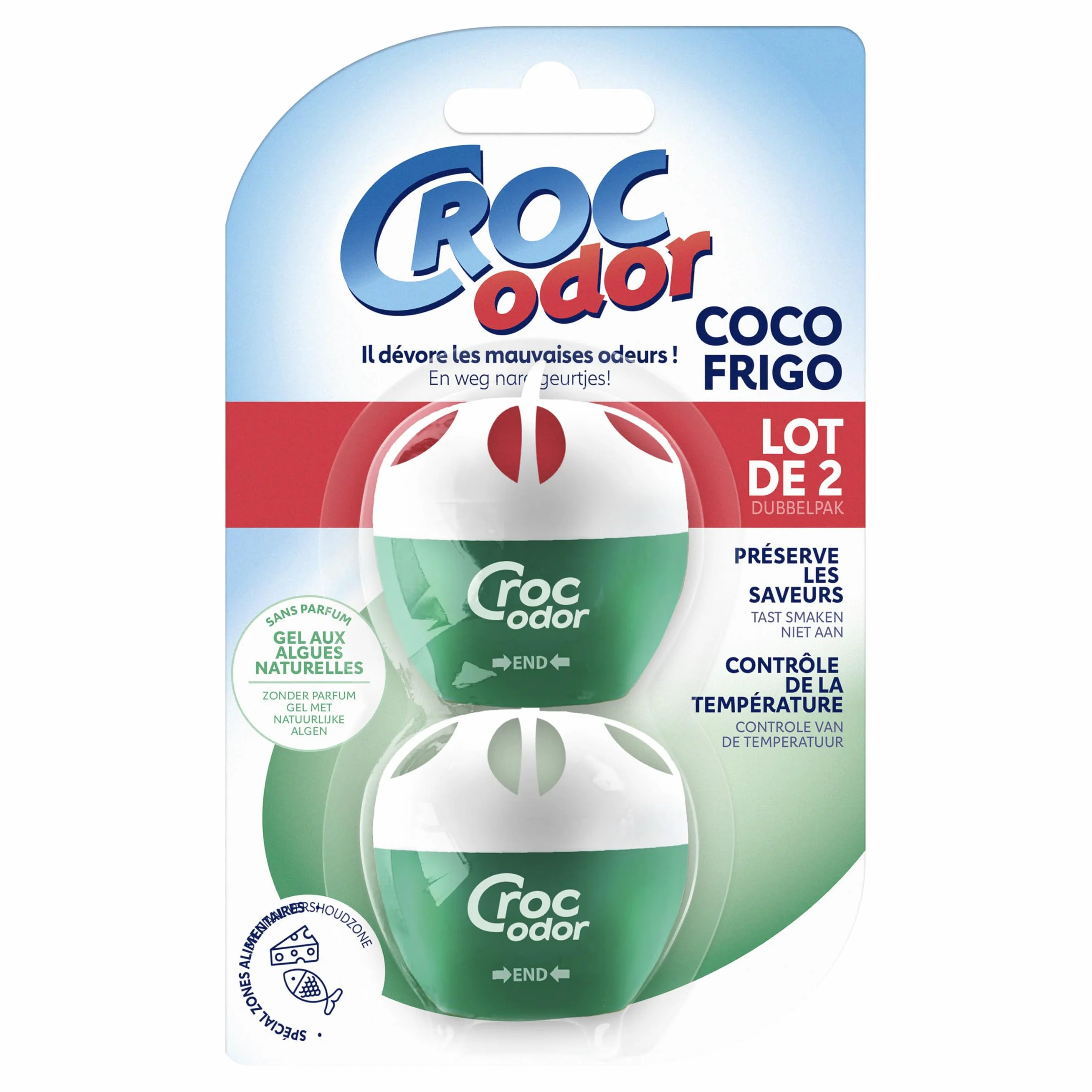 Croc'Odor Dezodorant do lodówki, dwupak, bezzapachowy, bezpieczny dla żywności formuła ze wskaźnikiem temperatury, 2 x 33 g, opakowanie może się różnić