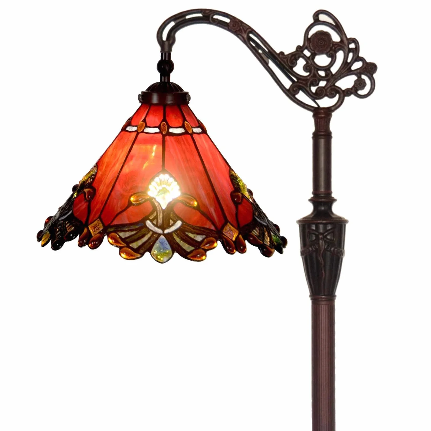 Bieye L30681 Barokowa lampa podłogowa do czytania w stylu Tiffany z witrażem i 13-calowym ręcznie wykonanym kloszem, ciemnobrązowa metalowa podstawa, 65" wysokości