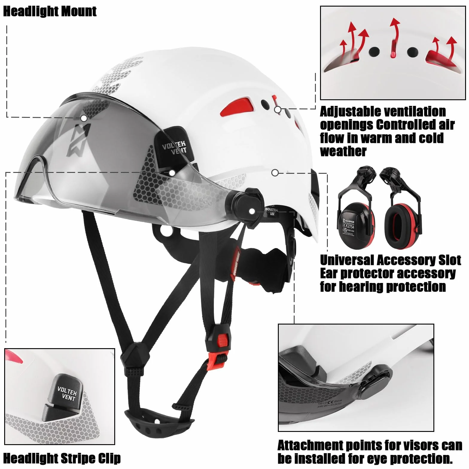HEARMOR Kask ochronny 3 w 1 z ochroną słuchu i wizjerem, kask roboczy z certyfikatem EN 397 do prac leśnych, budowlanych i wspinaczkowych, łącznie z przenośną torbą i chłodzącą wkładką do kasku