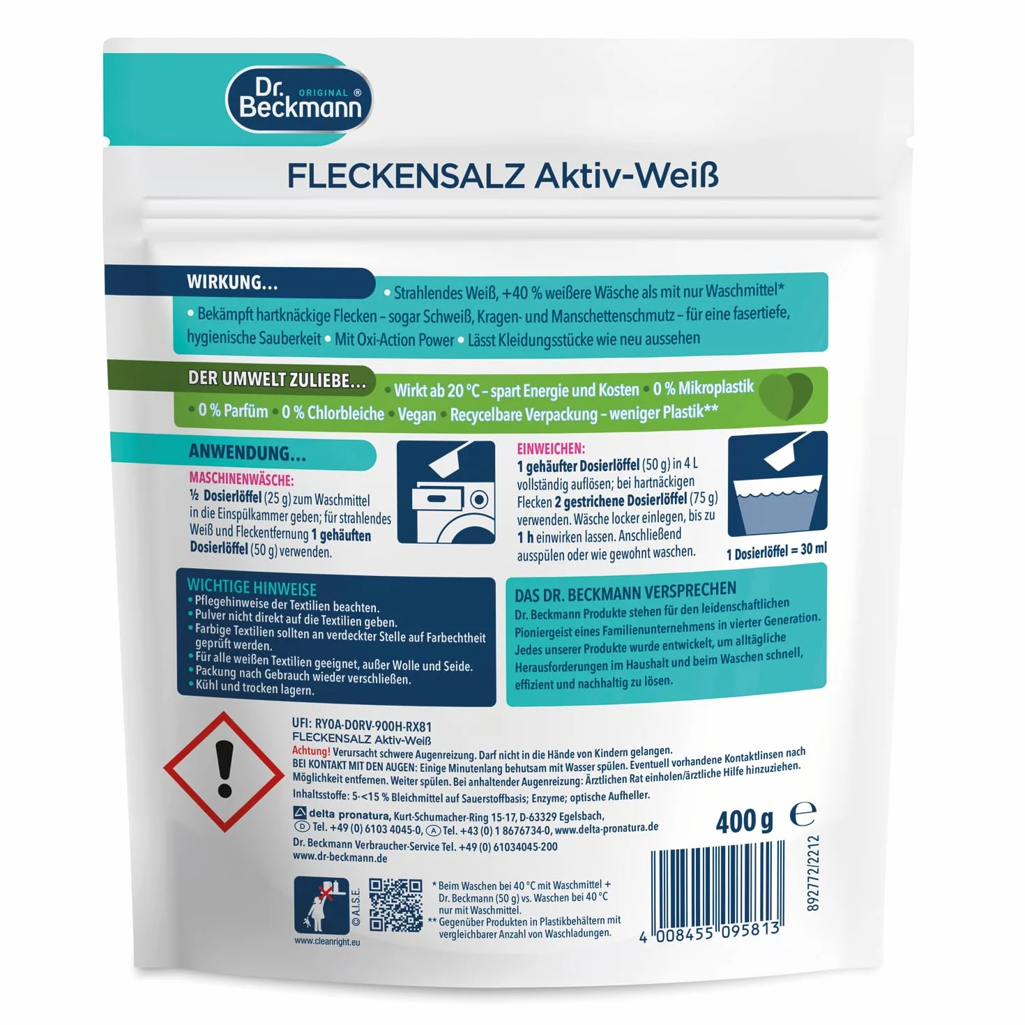 Dr. Beckmann Proszek, sól plamowa aktywna biel | do bielszego prania | działa przeciwko ponad 100 plamom | w zestawie łyżeczka dozująca | 400 g