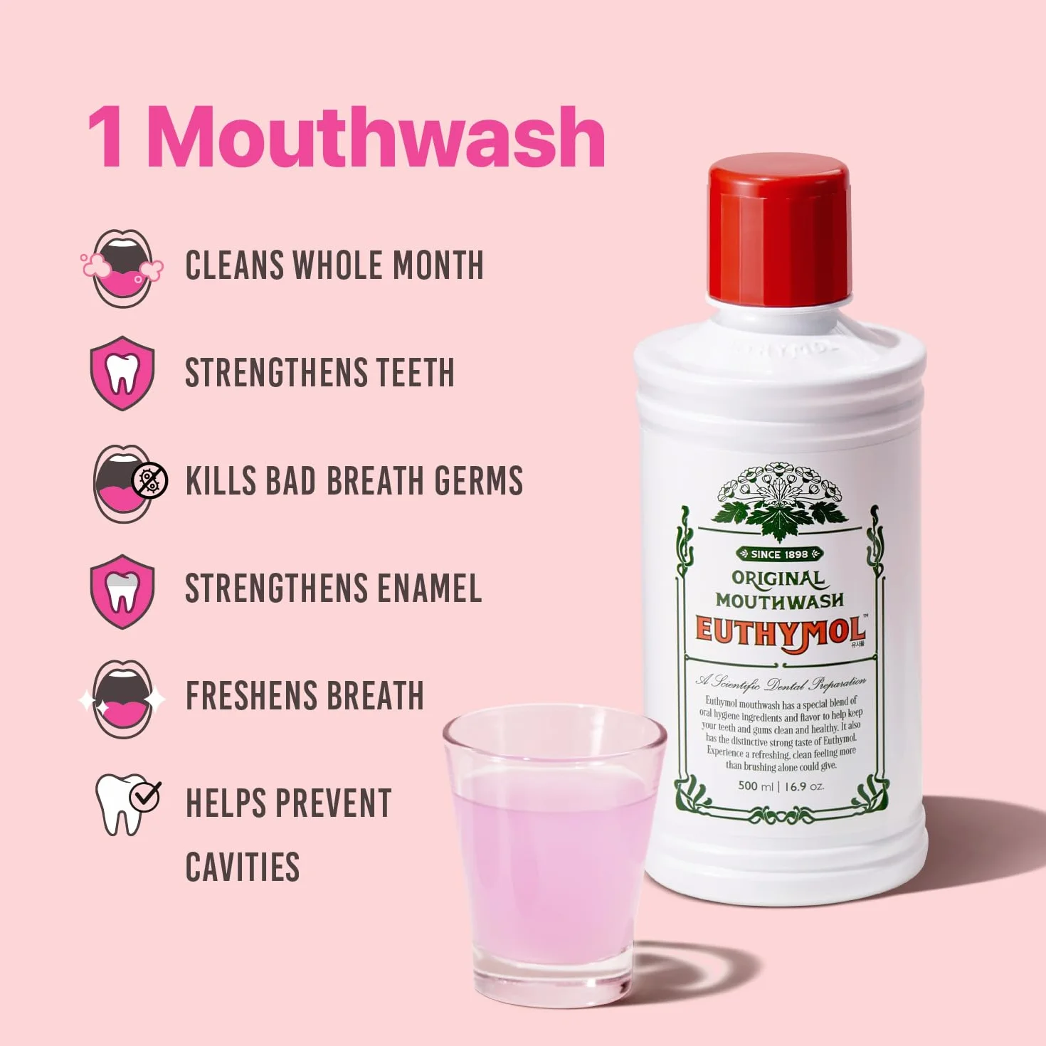 Euthymol Mouthwash Original 500ml, Bez Fluoru, Intensywny Smak, Redukuje Płytkę, Zdrowe Zęby i Dziąsła, Odświeża Oddech, Codzienna Pielęgnacja Jamy Ustnej