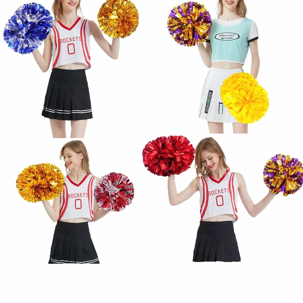 2 pompony cheerleaderki, metalowe, foliowe, pompony cheerleaderki, pompony z pierścieniem cheerleaderki, ręcznie kwiaty, na imprezy sportowe, gry w piłkę, tańce, imprezy karnawałowe, złote