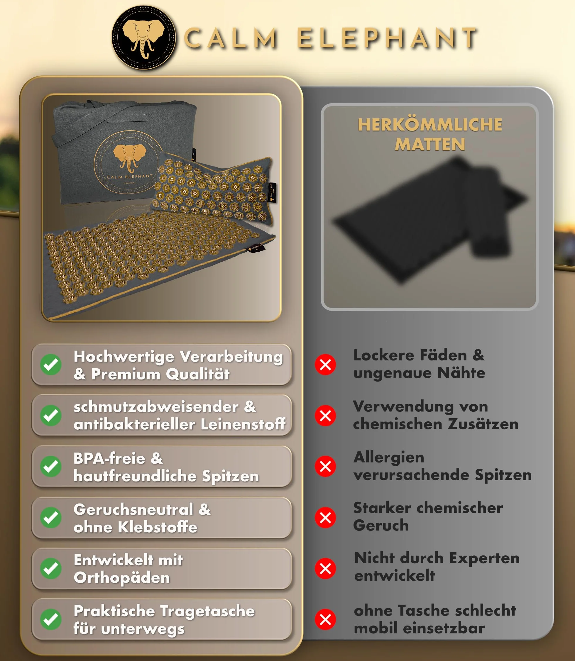 CALM ELEPHANT ORIGINAL® Luksusowa Mata Do Akupresury Z Poduszką XL PURE ECO, Mata Kolcowa Na Plecy, Poduszka Z Funkcją Ciepła I Torba, Naturalna I Trwała – Szara