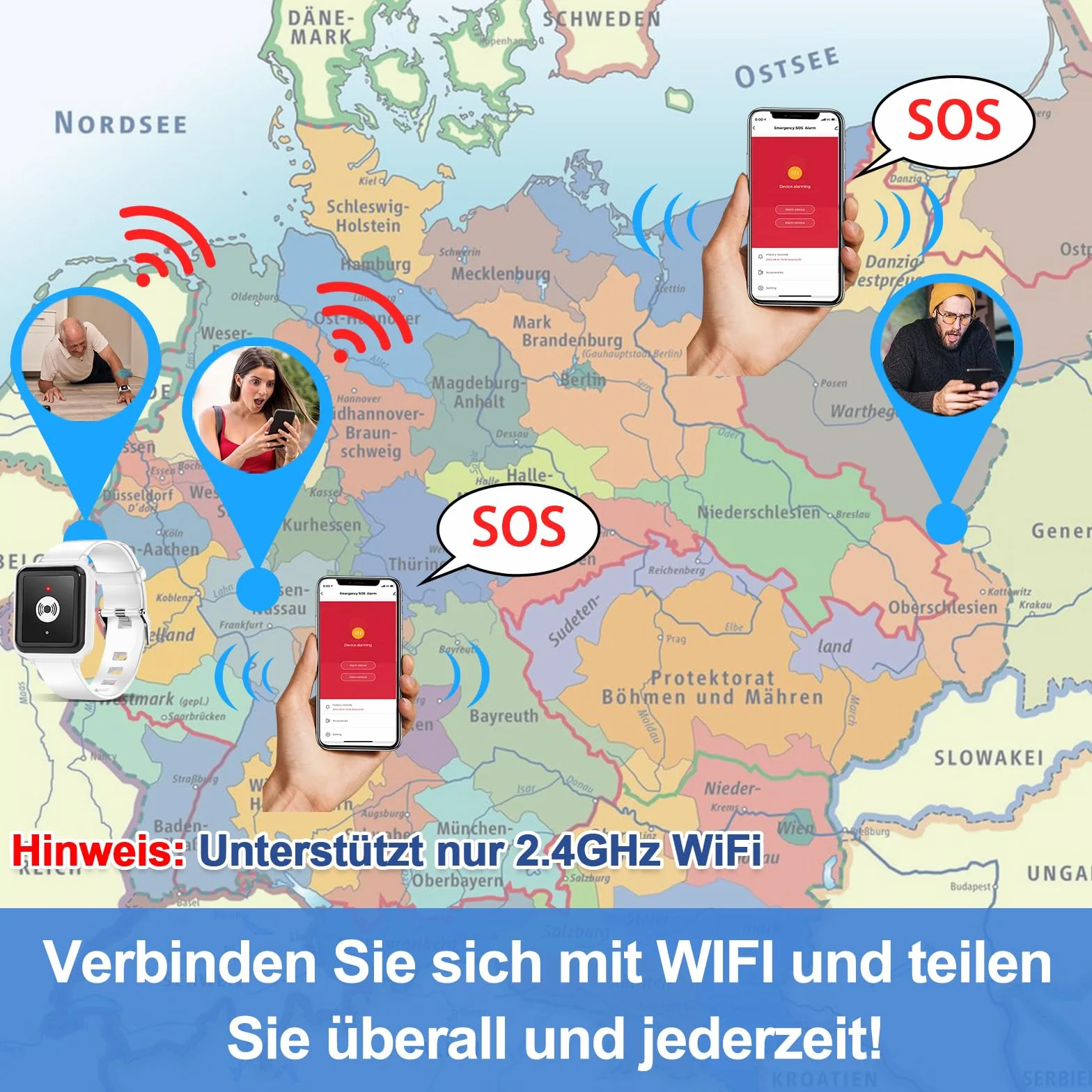 Daytech inteligentny alarm dla seniorów WiFi Tuya, przycisk ratunkowy dla osób starszych i starszych osób, które potrzebują pomocy w domu (1 odbiornik + 3 bransoletki)