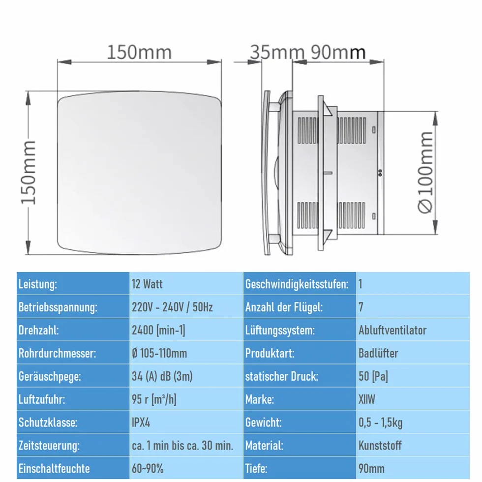 XIIW Wentylator łazienkowy, Ø 100 mm, wentylator wyciągowy z czasem zakończenia i zaworem zwrotnym, cichy wentylator 95 m³/h, 12 W/34 dB / odporny na rozpryskiwanie wentylator ścienny do kuchni, WC,