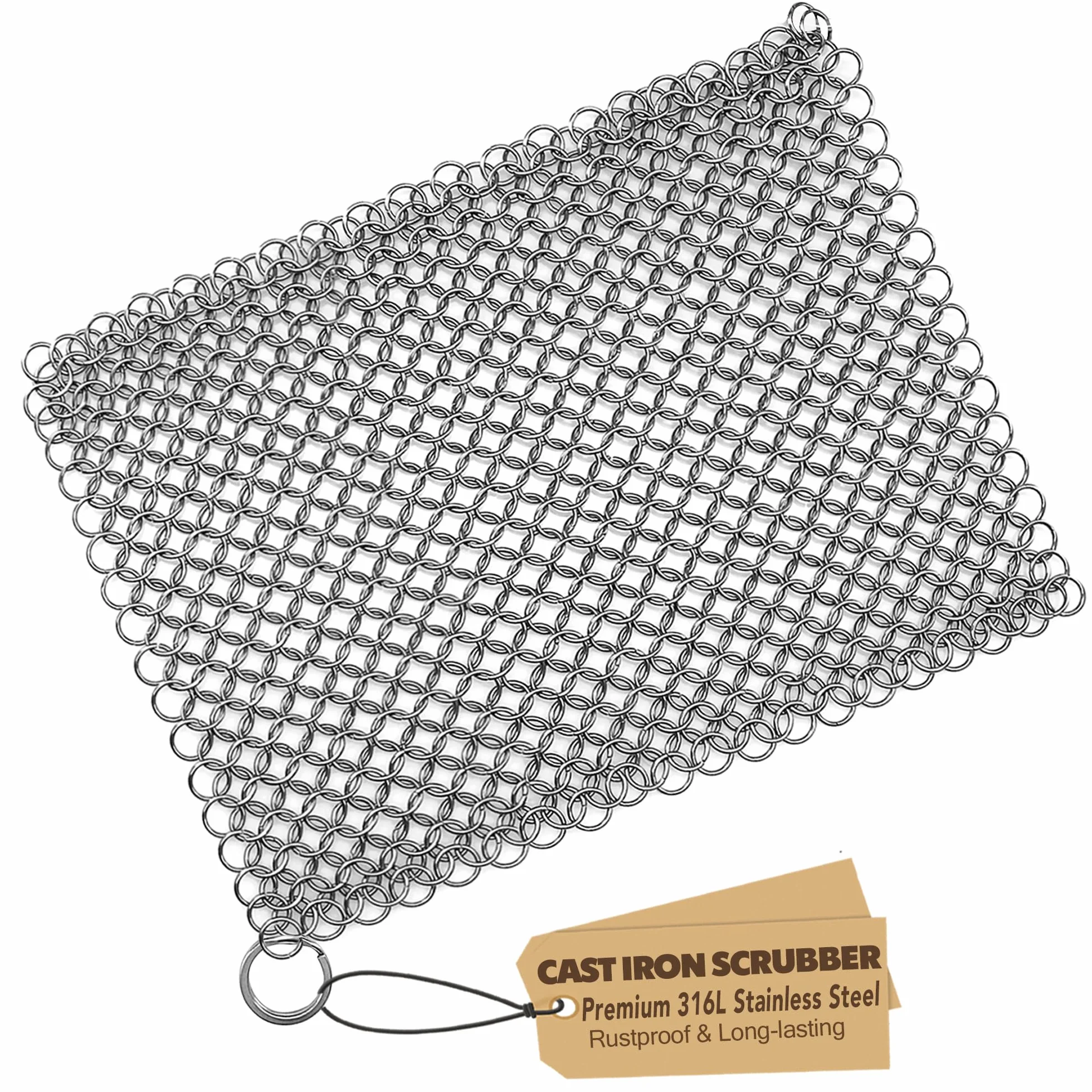 TOPULORS Żeliwna patelnia do czyszczenia Chainmail szczotka do czyszczenia z pierścieniem wiszącym do żeliwnej patelni, patelnia do grillowania, grille do grillowania i inne naczynia do gotowania - kwadrat 18 x 18 cm