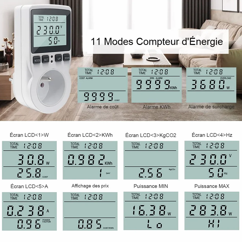 KETOTEK Miernik mocy z miernikiem mocy, licznik zużycia energii z wyświetlaczem LCD, gniazdko elektryczne ochrona przed przeciążeniem 3680 W (typ E)