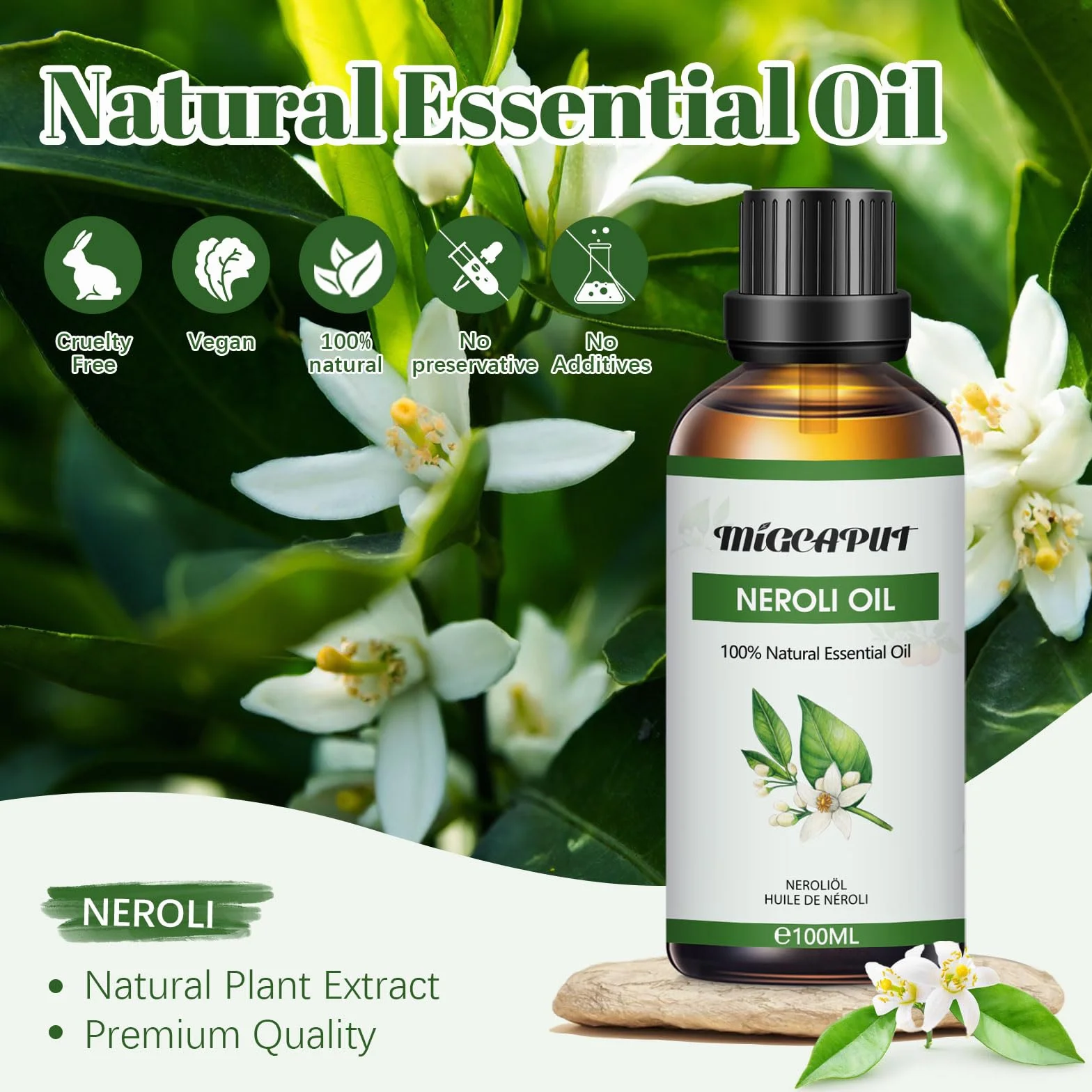 Migcaput Olejek eteryczny z neroli 100 ml, naturalny olejek zapachowy Neroli Essential Oils do dyfuzora, nawilżacza powietrza, aromaterapii, produkcji świec