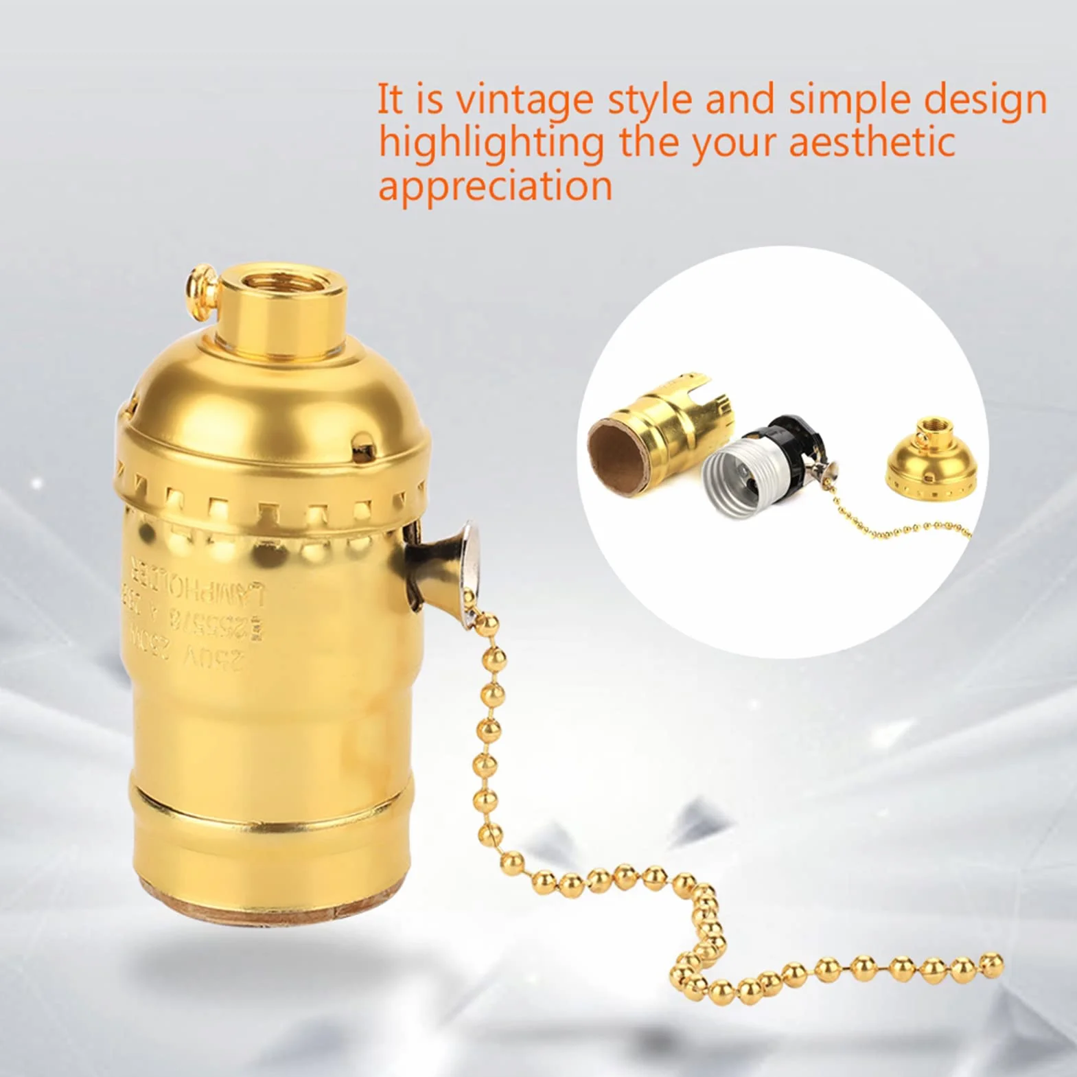 Świetlne Gniazdo, Uchwyt Podstawy Lampy, śruba E27 Kompatybilny Styl Vintage, Prosty Wzór Domu, Kuchnia, Bar z łańcuchem Ciągniętym (GOLD)