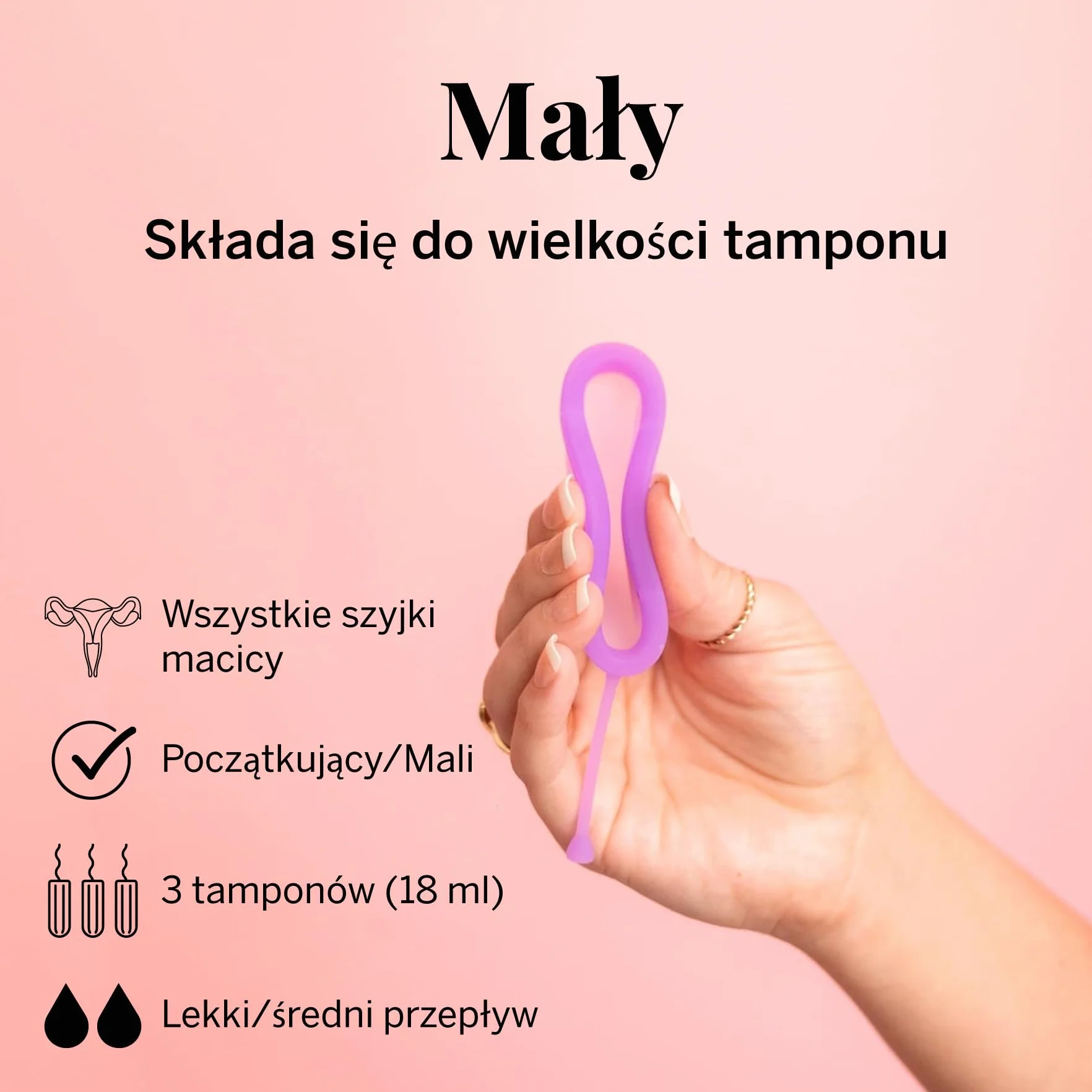 Pixie krążek menstruacyjny – miękki i wielokrotnego użytku – wykonany w 100% z silikonu medycznego – bez metali i substancji szkodliwych – czas noszenia 12 godzin – usuwa jak tampon – rozmiar mały