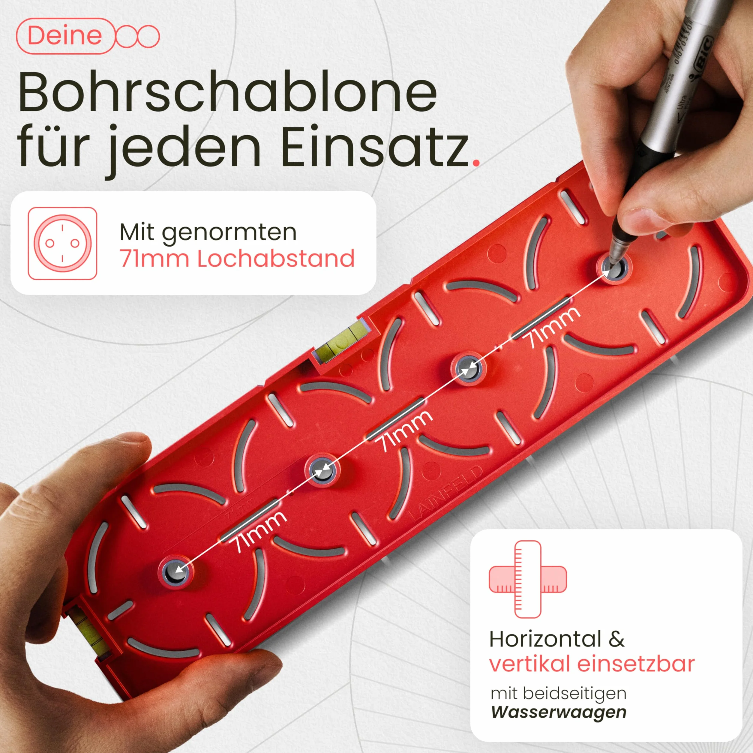 LAINFELD Szablon do wiercenia gniazd | W zestawie z poziomicą | Poziomica elektryka do gniazda wnękowego, gniazda wpuszczane, gniazda natynkowe, szablon do budowy szkieletowej