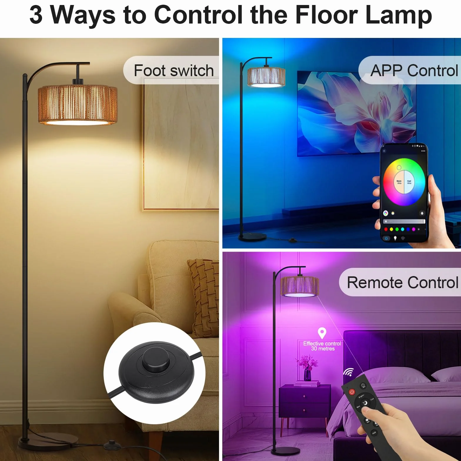 Lampa stojąca do salonu, rattanowa, RGB, ściemniana, lampa stojąca z pilotem zdalnego sterowania i sterowaniem za pomocą aplikacji, funkcja timera, DIY i tryb muzyki, E27 lampy stojące do