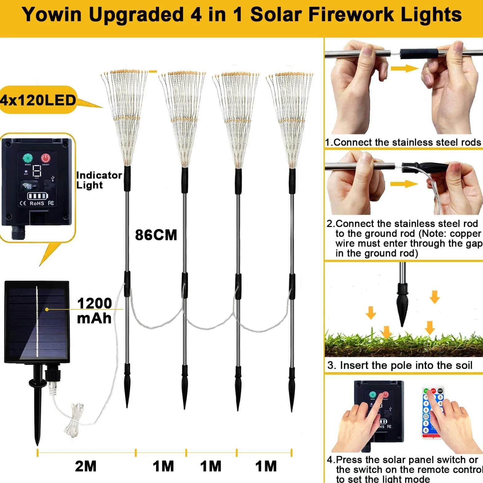 yowin Zestaw 4 lamp solarnych LED 120 diod, mniszek lekarski, 8 trybów, odporna na warunki atmosferyczne