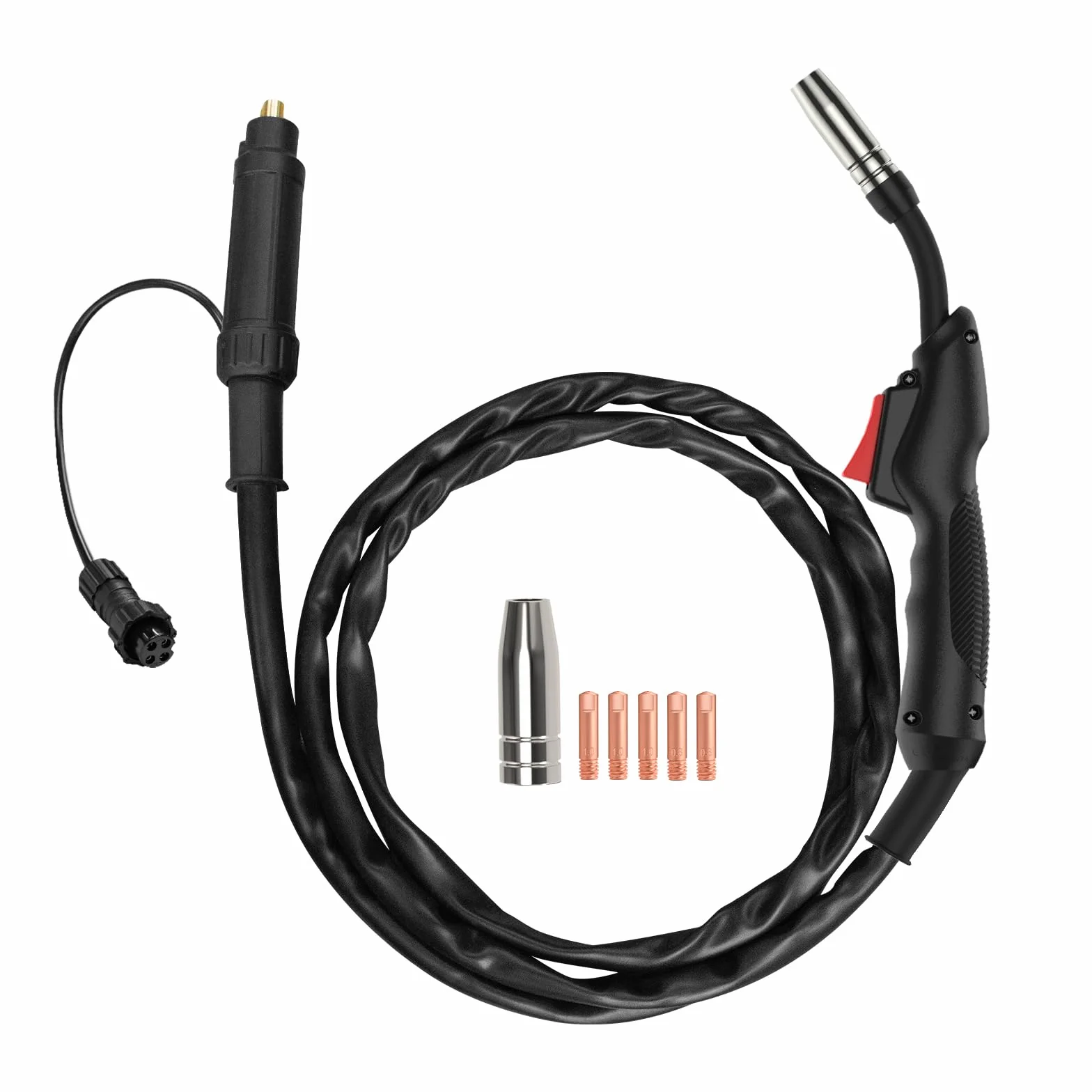 HITBOX MIG Palnik spawalniczy MB14AK, wąż 2,5 m ze złączem euro, kabel aluminiowy pokryty miedzią 16 mm², wtyczka lotnicza GX16-04, końcówki stykowe 0,8 mm i 1,0 mm, akcesoria do spawania MIG