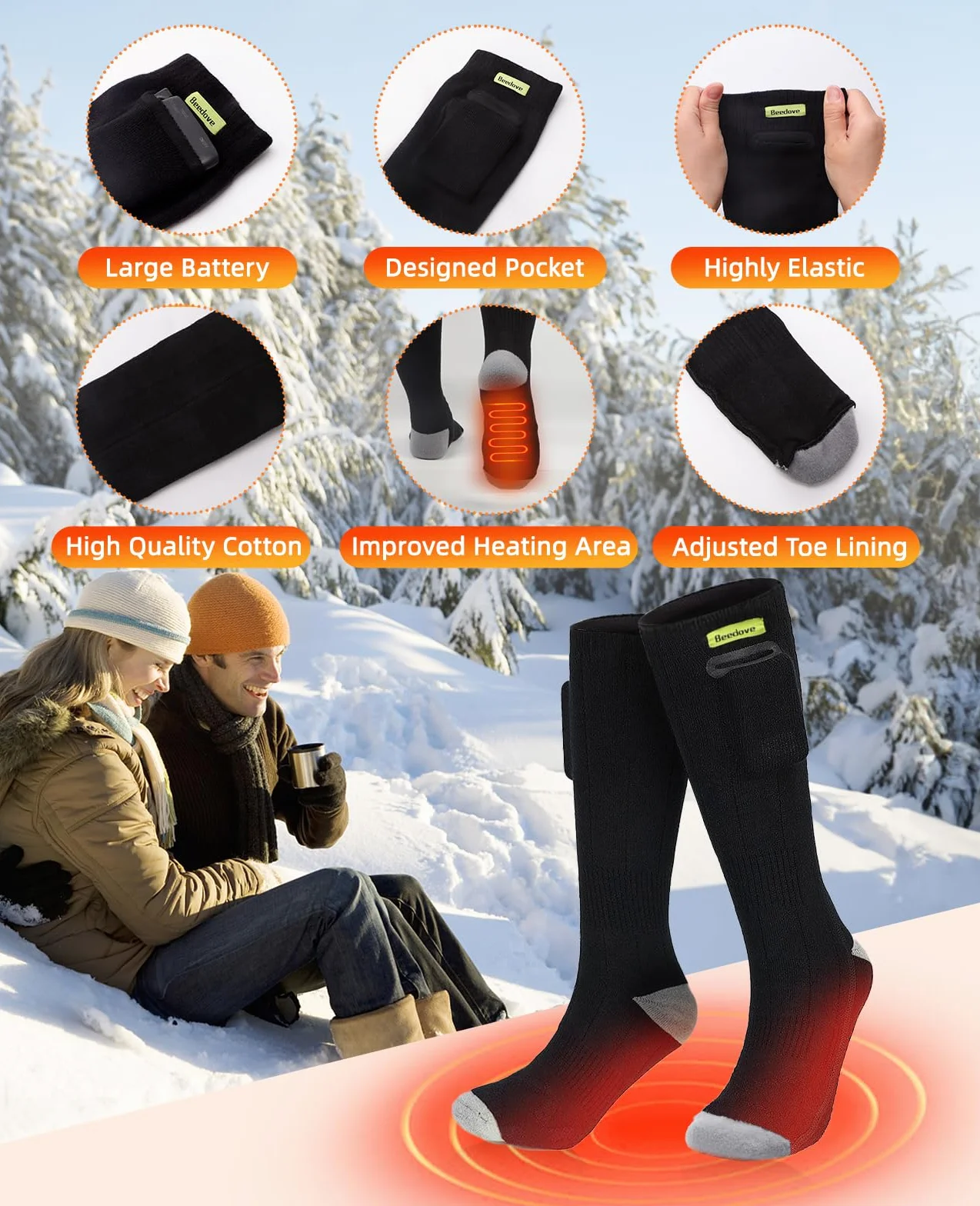 Podgrzewane skarpety, ogrzewane skarpety z akumulatorem 5000 mAh, dla kobiet i mężczyzn, ogrzewacze stóp do 65°C, do użytku na zewnątrz, na zimę, kemping, polowanie, narty