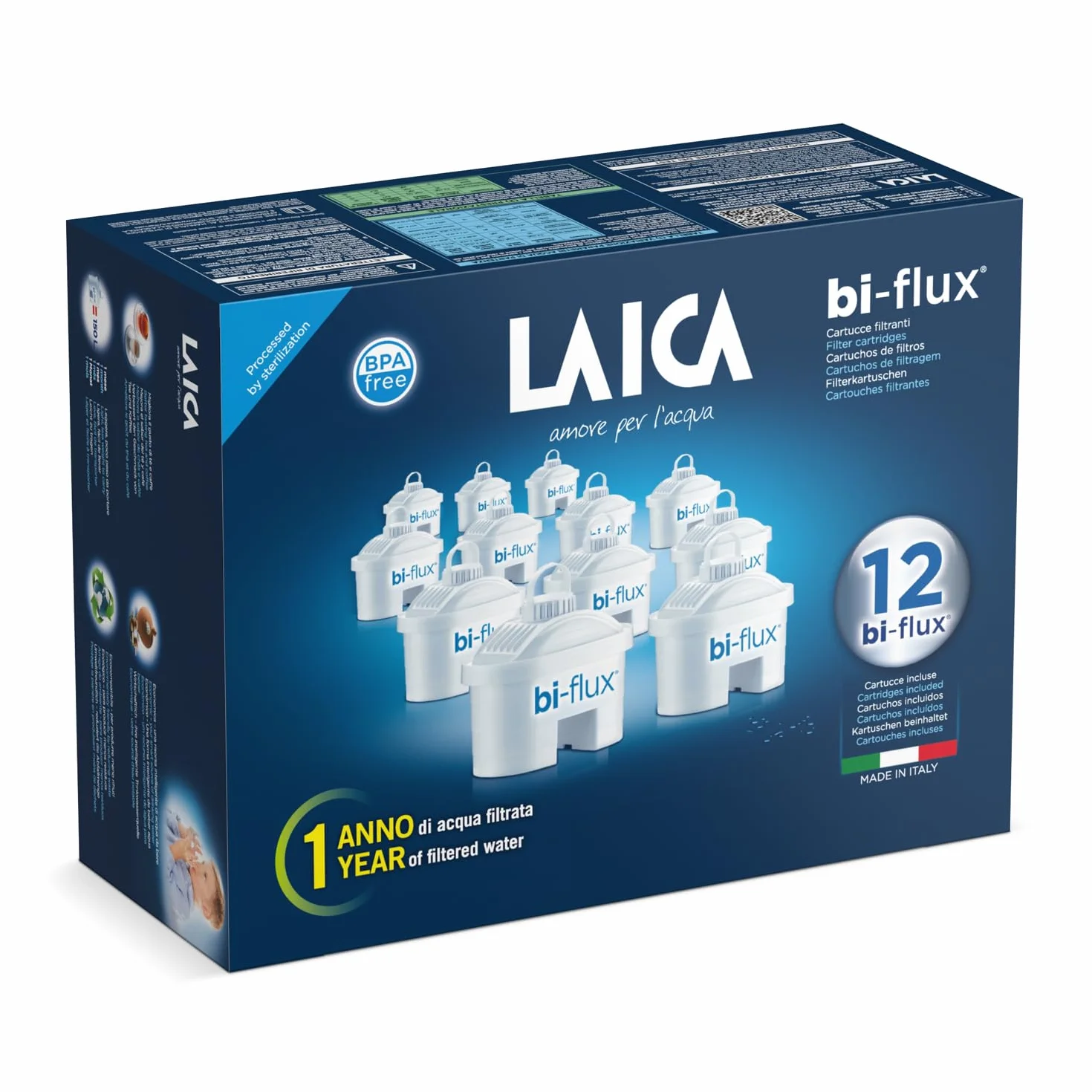 Laica Wkłady filtrujące Bi-Flux w opakowaniu 12 sztuk, filtr do wody, wkład na rok, tworzywo sztuczne, białe, 12 sztuk (1 szt
