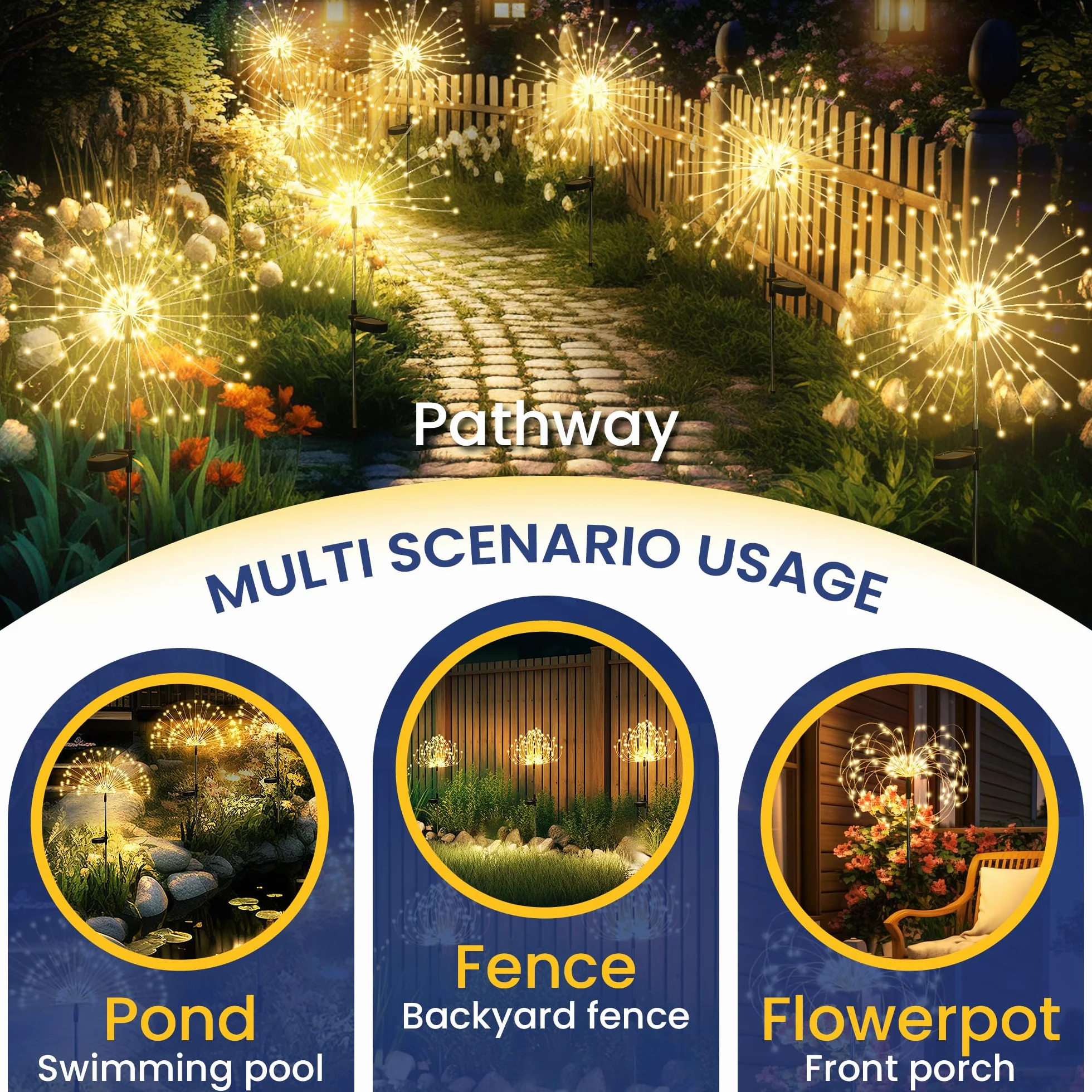 GIGALUMI Lampy solarne na zewnątrz, do ogrodu, solarne światła fajerwerki, 120 diod LED, 4 opakowania, światło starburst, wodoodporne, na podwórko, trawnik, imprezę, patio, dekoracja ślubna (ciepła