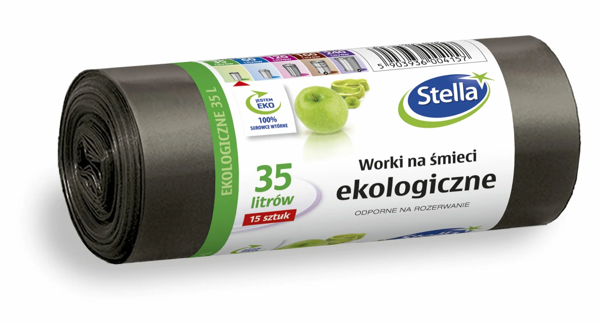 Stella worki na śmieci EKOLOGICZNE 35 l, 15 sztuk, do domu i biura, z grubej folii LDPE kolor: czarny, wykonane z surowców wtórnych