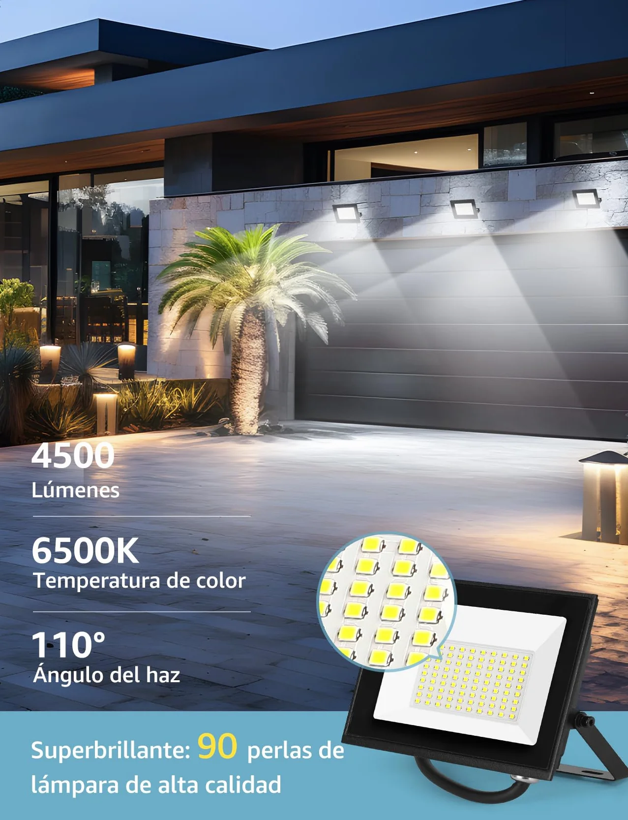 Aigostar Reflektory LED 50W 4500LM, wodoodporne, IP65, 6500K, zimna biel, do garażu, ogrodu, na patio i do parku, 2 pcs