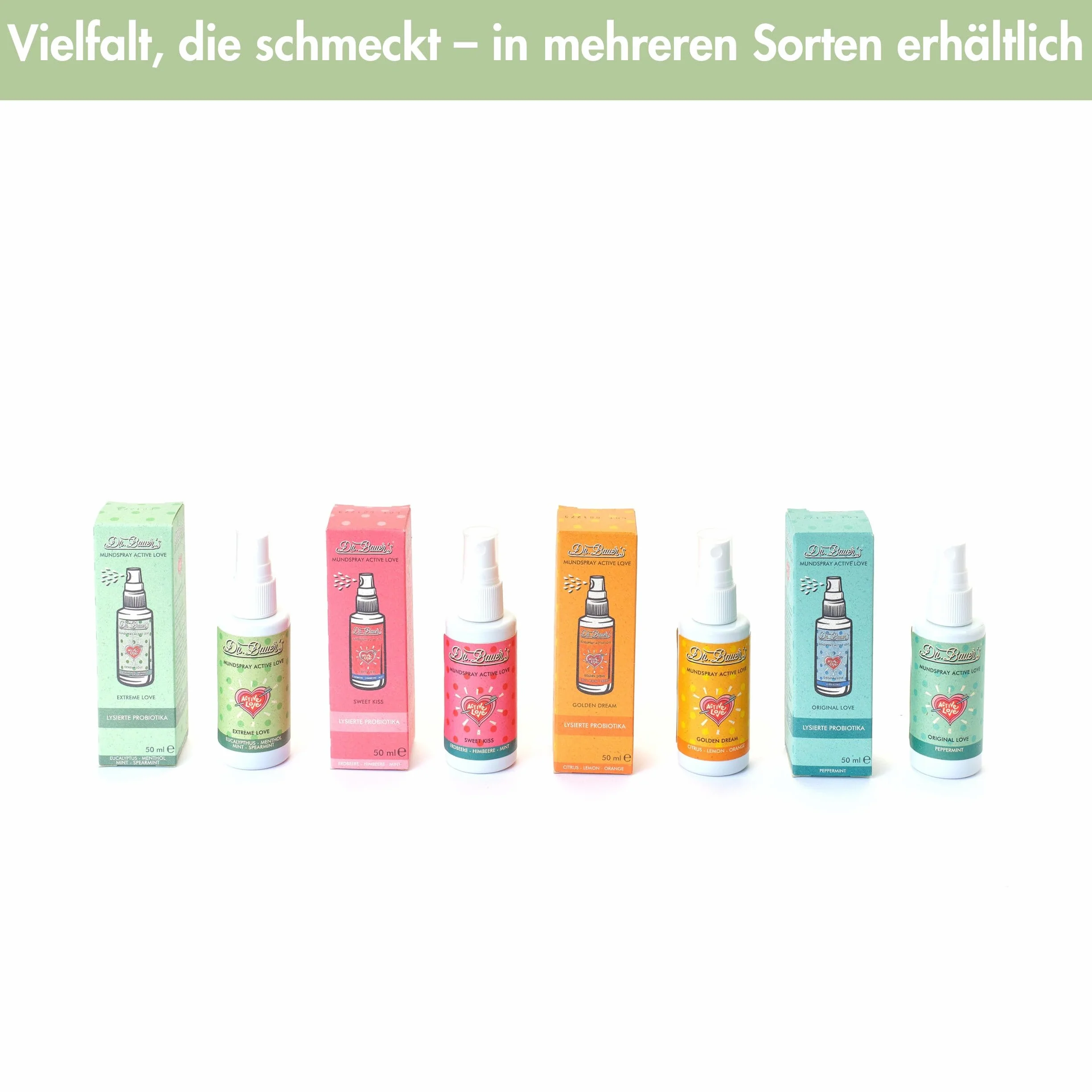 Dr. Bauer's Spray do ust Extreme Love – bardzo mocna świeżość mięty zapewnia natychmiastowy czysty oddech – wegański spray do oddychania bez alkoholu – intensywny i zrównoważony – 50 ml