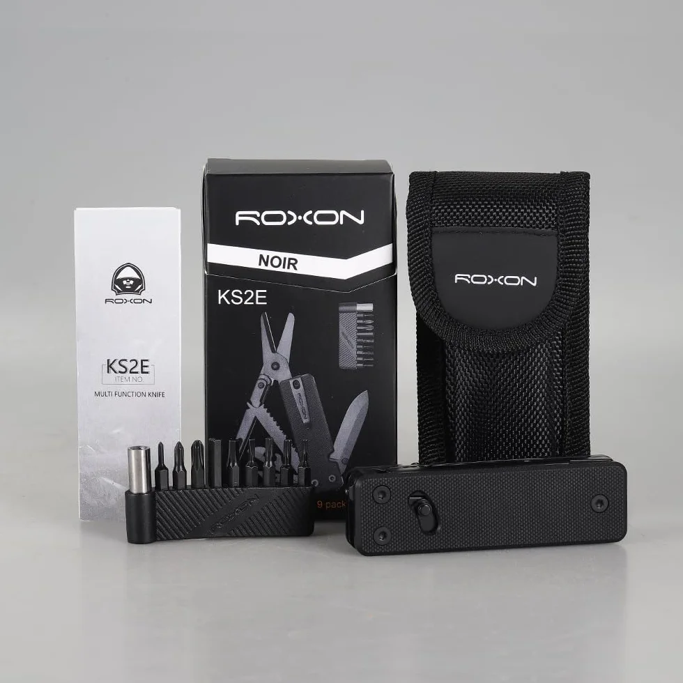 ROXON KS2E NOIR – Wielofunkcyjny scyzoryk z dużymi nożyczkami | rękojeścią z G10 i klipsem kieszeniowym, 13 funkcji w 1 narzędziu, idealny na kemping/podróż z plecakiem/EDC
