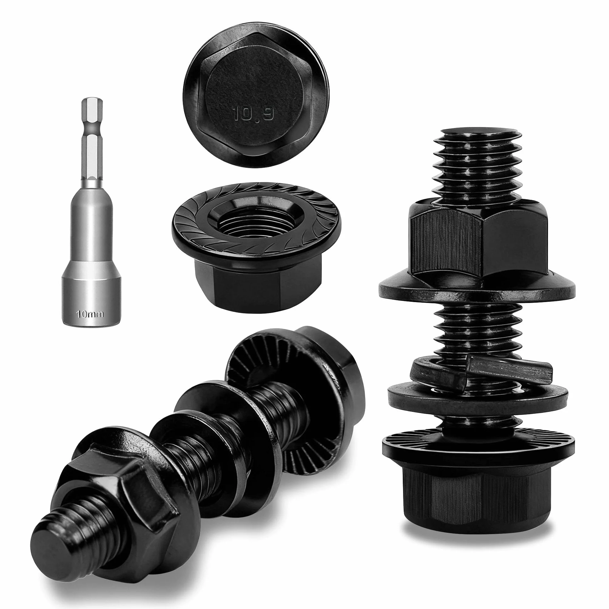 12 sztuk śrub sześciokątnych M8 x 25 mm, śruby z kołnierzem, czarna, stal węglowa DIN 6921, podkładki zewnętrzne, pierścienie sprężyste i nakrętki/śruby z łbem sześciokątnym