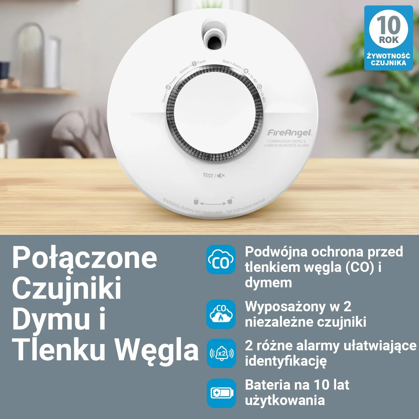 Fire Angel SCB10-INT Czujnik Czadu i Zadymienia Domu – Podwójny Czujnik Dymu i Czadu na Połączone Detektor Dymu i Detektor Tlenku Węgla – Biały