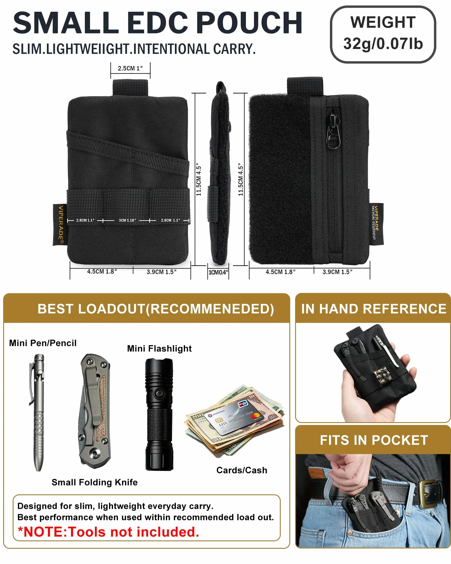 VIPERADE VE15 Mini organizer kieszonkowy EDC, torba na narzędzia z miejscem na naszywki, portfel na monety, czarny