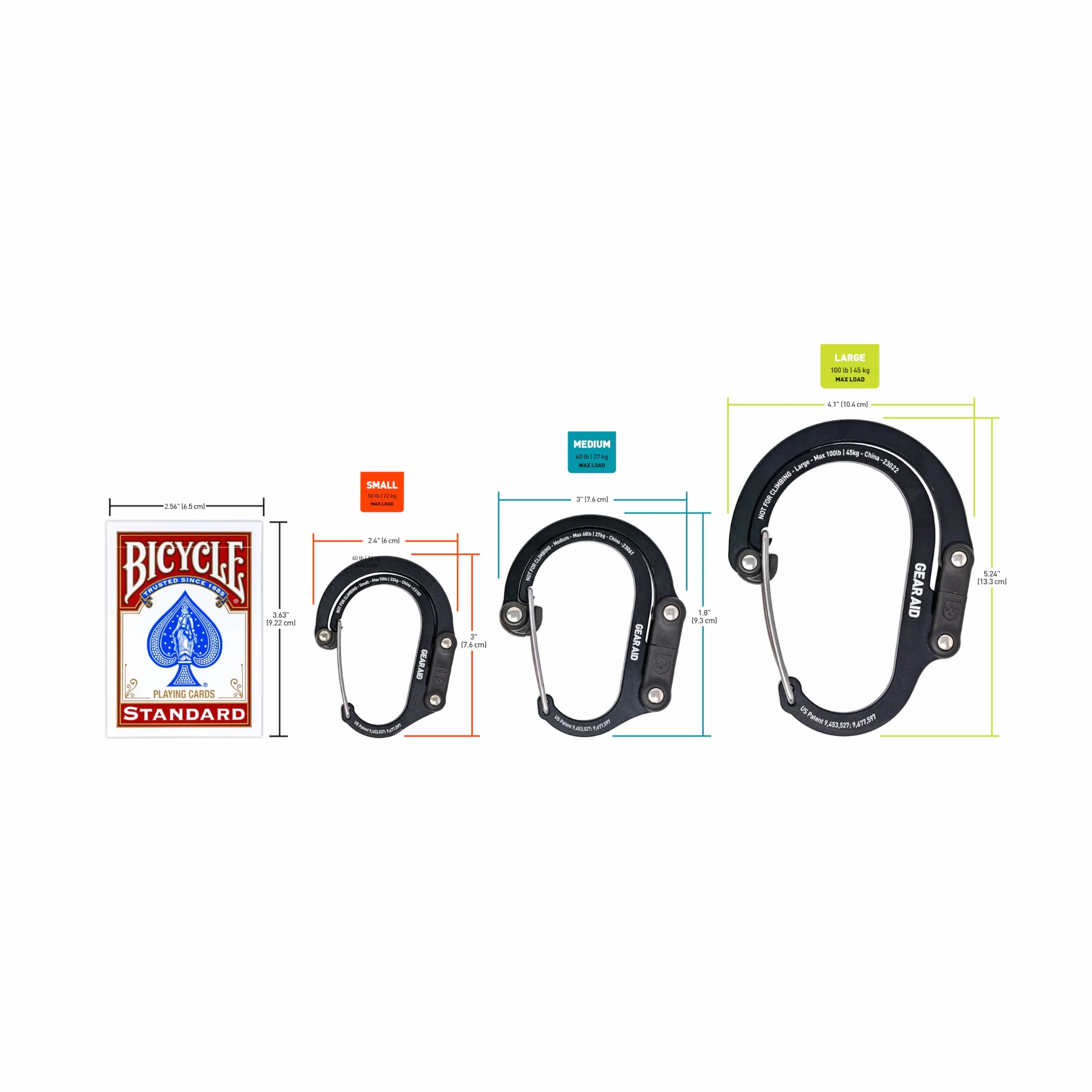 GEAR AID HEROCLIP karabińczyk i haczyk (duży, średni, mały) na kemping, plecak, walizkę, torebkę i do organizacji garażu, kolor czarny, różne rozmiary, 3 szt