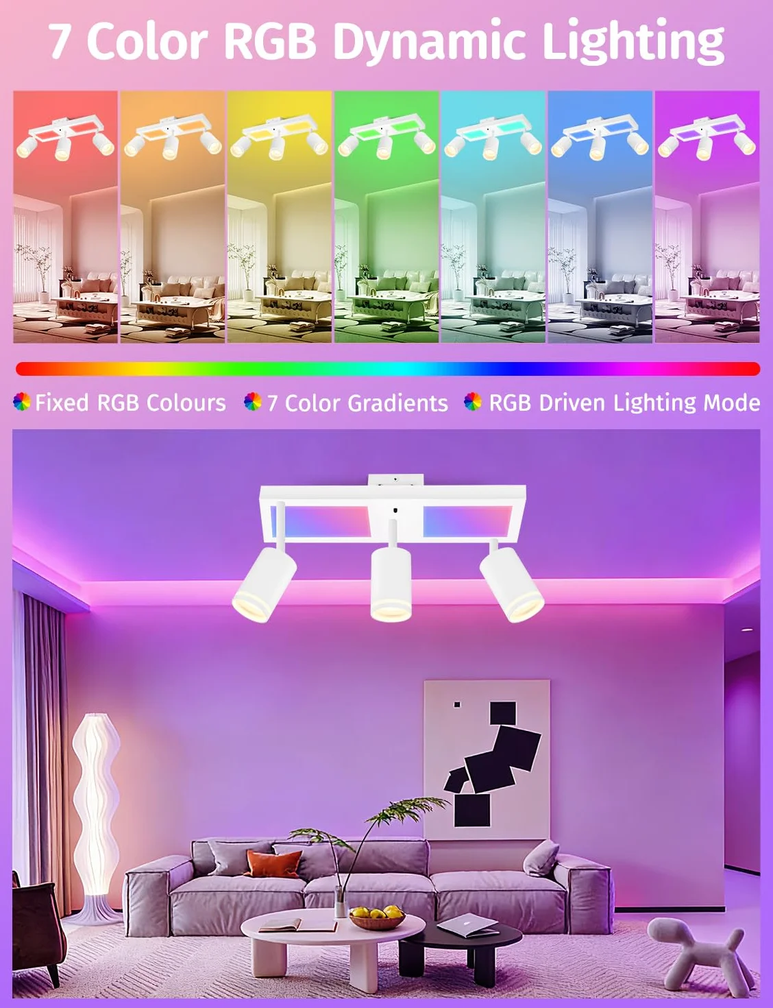 YindaLux Lampa sufitowa LED z 3 ściemnialnymi reflektorami z pilotem zdalnego sterowania, RGB 25 W 2850 lm, obrotowe reflektory sufitowe GU10, biała lampa sufitowa z dolnym blaskiem 10 W, 3 x 5 W