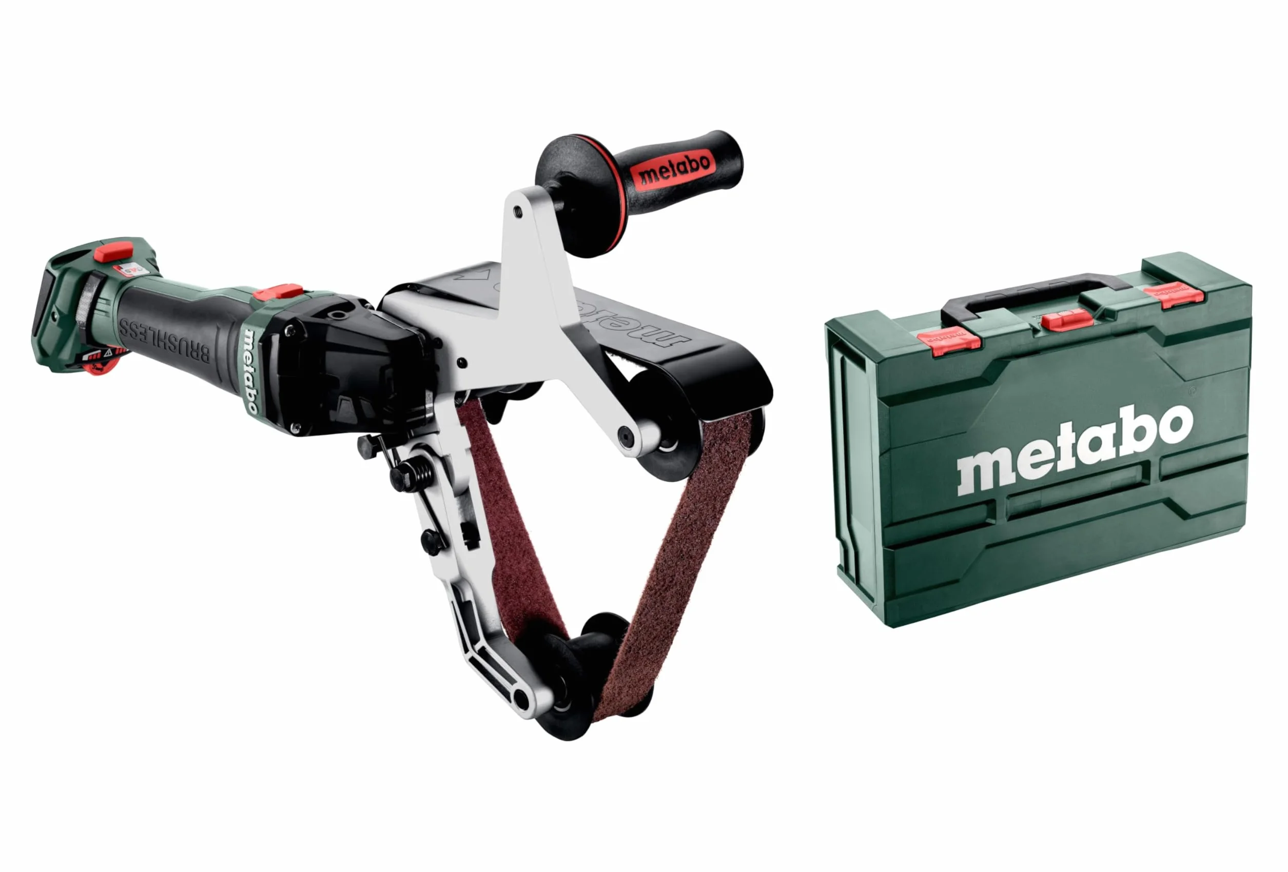 metabo Akumulatorowa szlifierka taśmowa RBVB LTX BL 180 – 18 V, średnica rury 180 mm, oplot 270° do powierzchni bezszczotkowej, zmienna prędkość obrotowa, obróbka metalu – w zestawie akcesoria i
