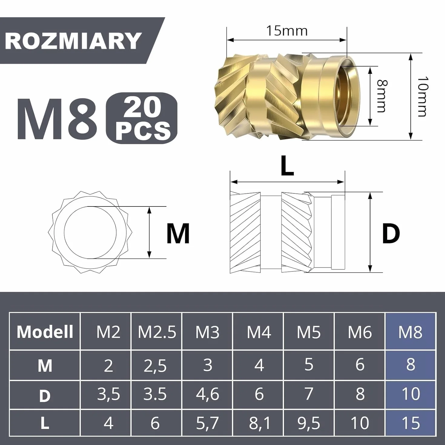 ORTAVA Wkład gwintowany M8, 20 sztuk, mosiężne nakrętki radełkowane, M8 × 15 × 10 mm, gwintowane wkładki do części z tworzywa sztucznego pod wpływem ciepła lub ultradźwięków w częściach drukarki 3D
