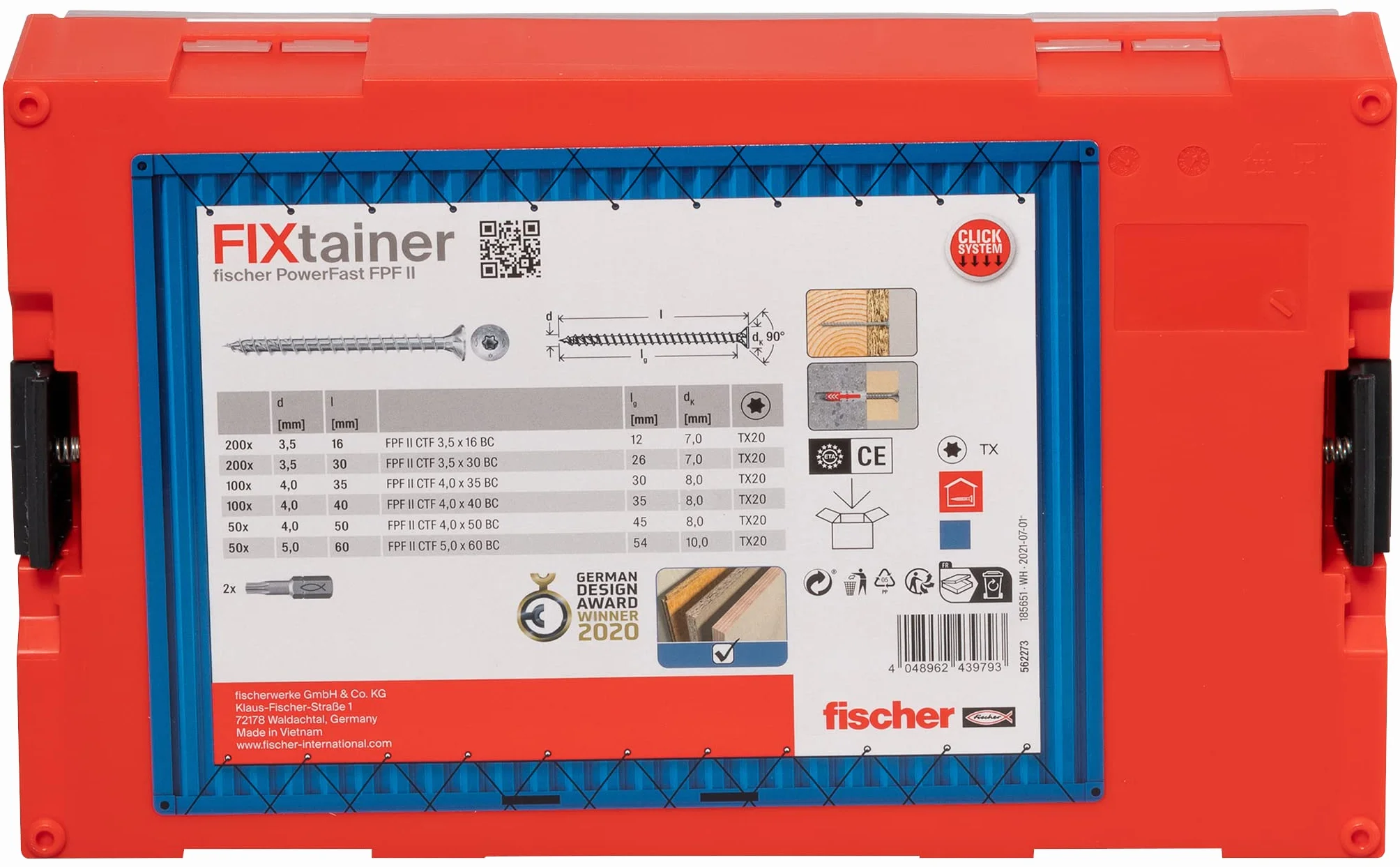 Wkręty do płyt wiórowych fischer FixTainer PowerFast II, wstępnie posortowane pudełko asortymentowe z 700 wkrętami i 2 końcówkami, łeb stożkowy, pełny gwint i napęd TX, uniwersalny zestaw mocujący