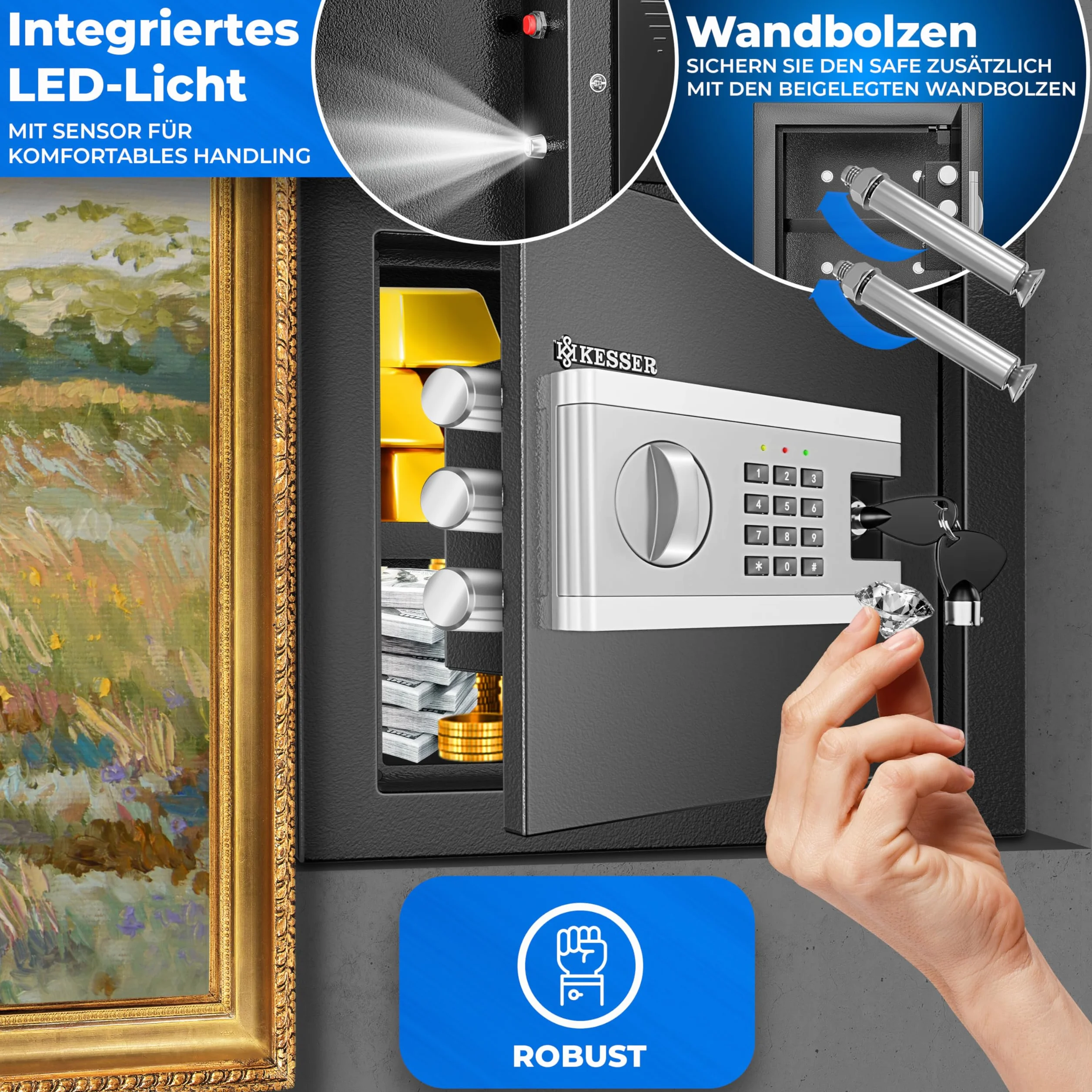 KESSER Elektroniczny sejf cienny | 31 x 20 x 20 cm | 3 x podwjna blokada bolca | owietlenie wewntrzne | szafka pancerna