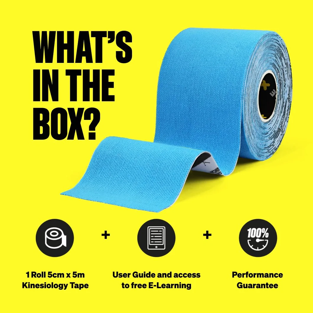 SPORTTAPE Bardzo klejąca taśma kinezjologiczna, 5 cm x 5 m – niebieska, hipoalergiczna, wodoodporna taśma sportowa, fizjoterapeutyczna taśma sportowa w przypadku urazów mięśni, wsparcie | niecięta