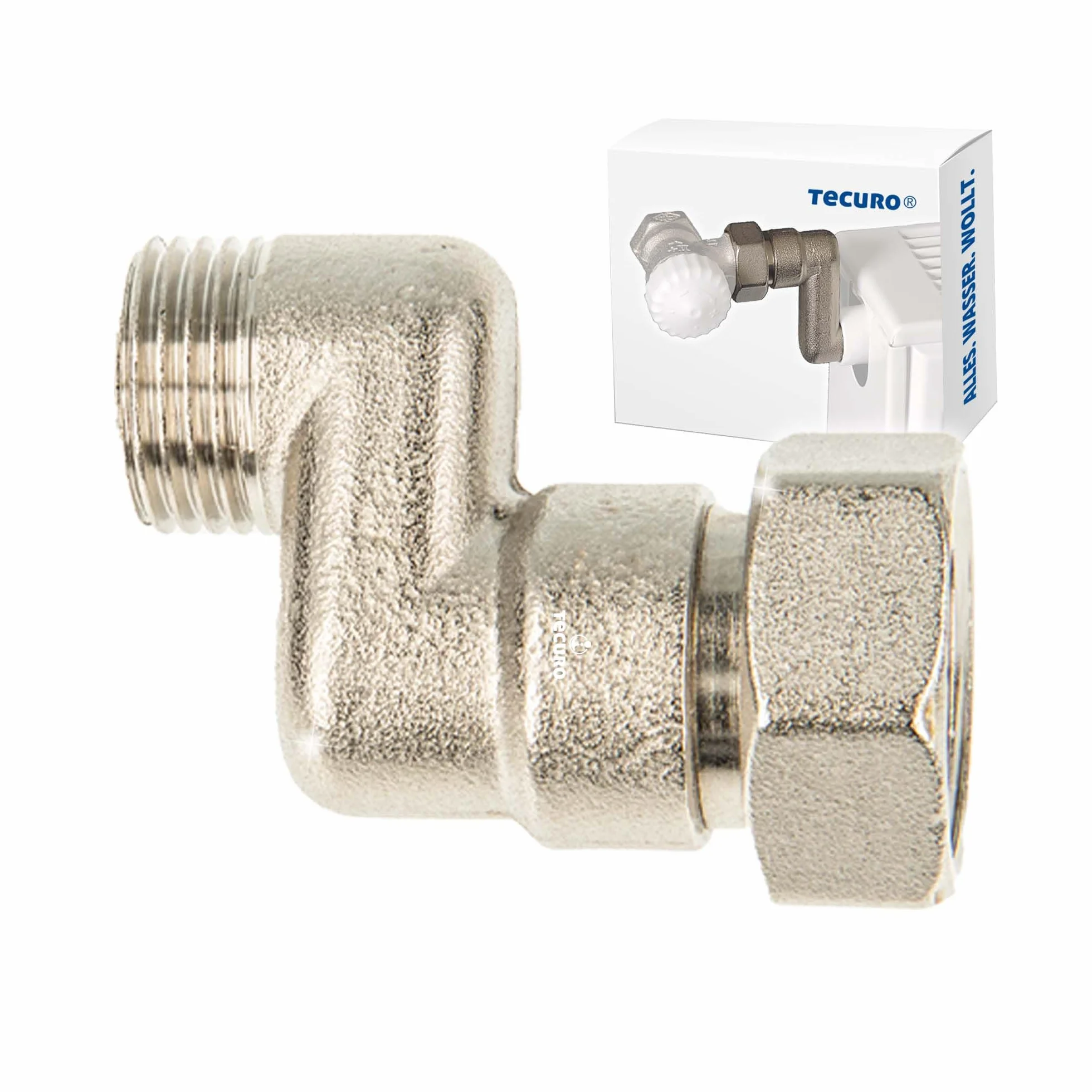 tecuro Przyłącze S grzejnik 20 mm wyrównanie wysokości ze stożkiem euro, DN 15 (1/2") AG x DN 20 (3/4") nakrętka złączkowa mosiądz niklowany, AGS-20