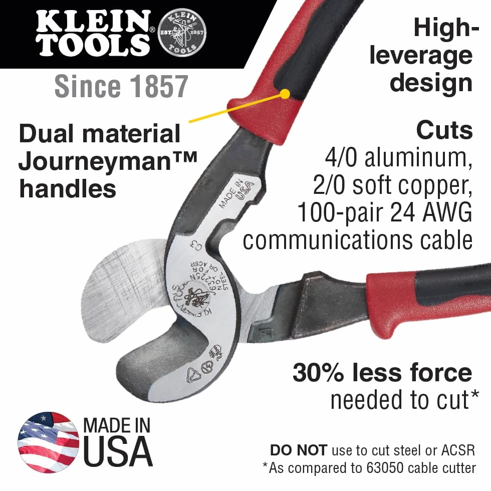 Klein Tools J63225N Journeyman Przecinak do kabli o wysokiej dźwigni i ściągacz do aluminium, miękkiej miedzi i kabli komunikacyjnych