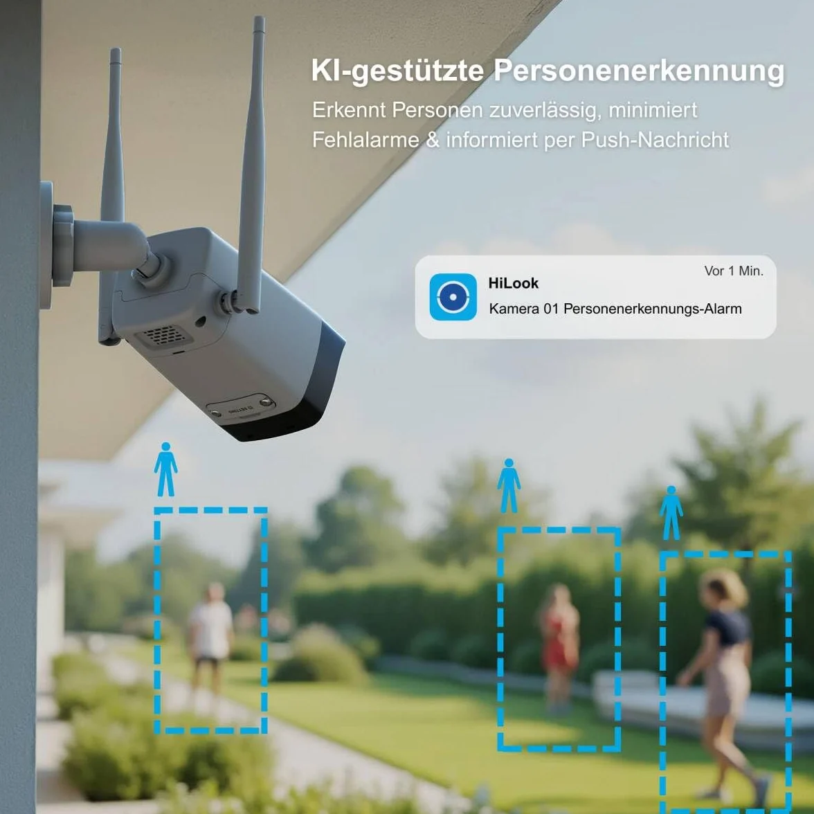 HiLook Zestaw do monitoringu WLAN do użytku na zewnątrz, 2 x 4 MP kamery Bullet, WiFi NVS z gniazdem micro-SD, kompletny zestaw do użytku na zewnątrz, rozpoznawanie ludzi i pojazdu, widoczność w nocy