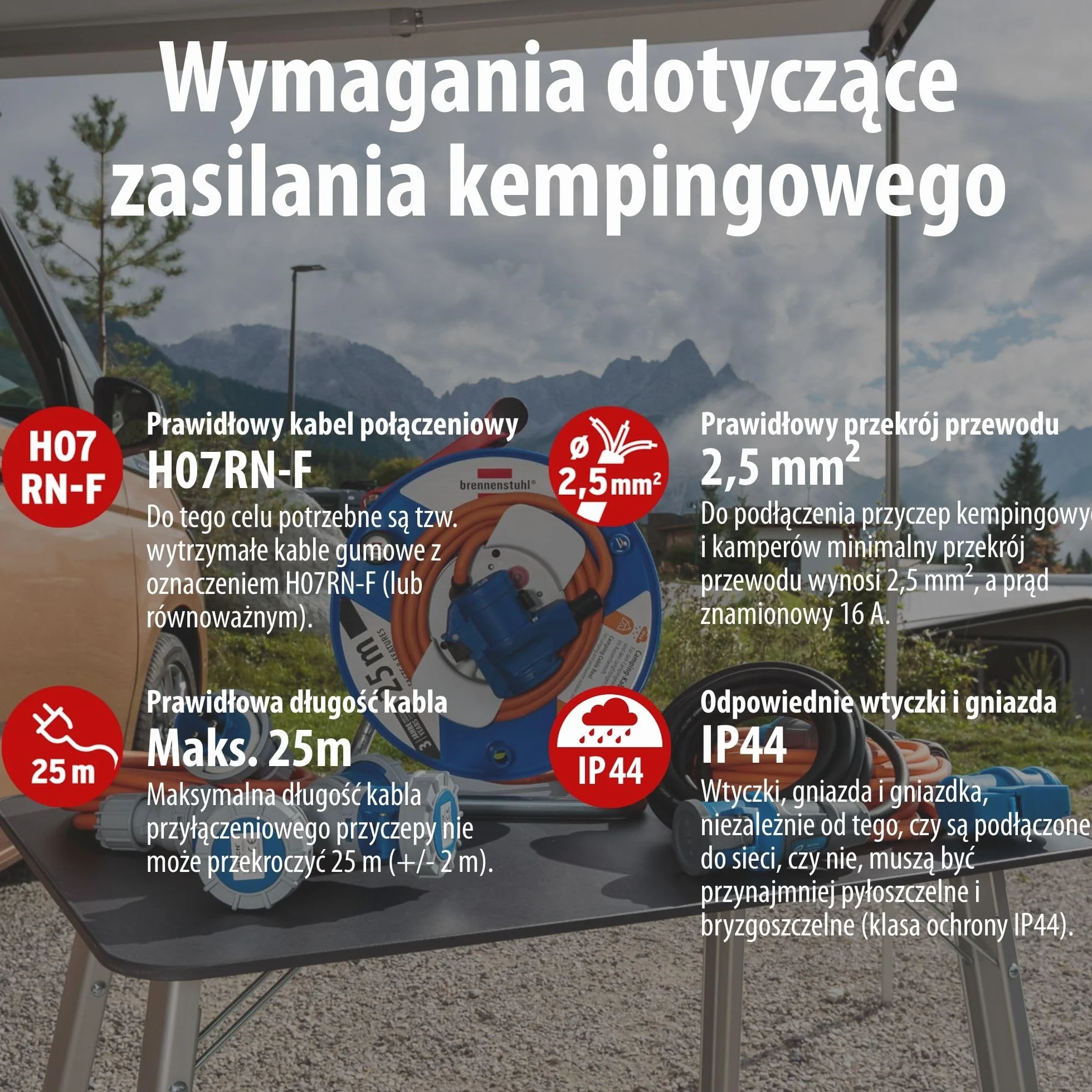 Brennenstuhl Przedłużacz kempingowy CEE 230 V, 25 m, z diodą LED wskazującą napięcie (kabel H07RN-F 3G2,5, kabel kempingowy do stałego użytku na zewnątrz, IP44, wyprodukowany w Niemczech)