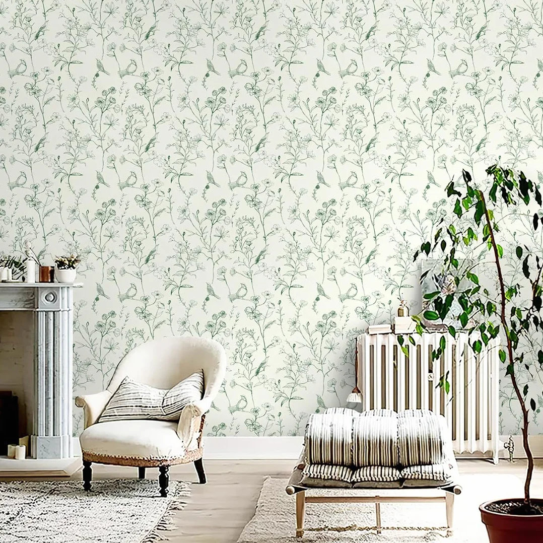 CiCiwind Samoprzylepna tapeta w kwiaty, 44 cm x 3 m, beżowa, zielona, tapeta samoprzylepna z motywem kwiatów i ptaków, wodoszczelna, winylowa, do mebli, okładziny ścienne, samoprzylepna, zdejmowana,