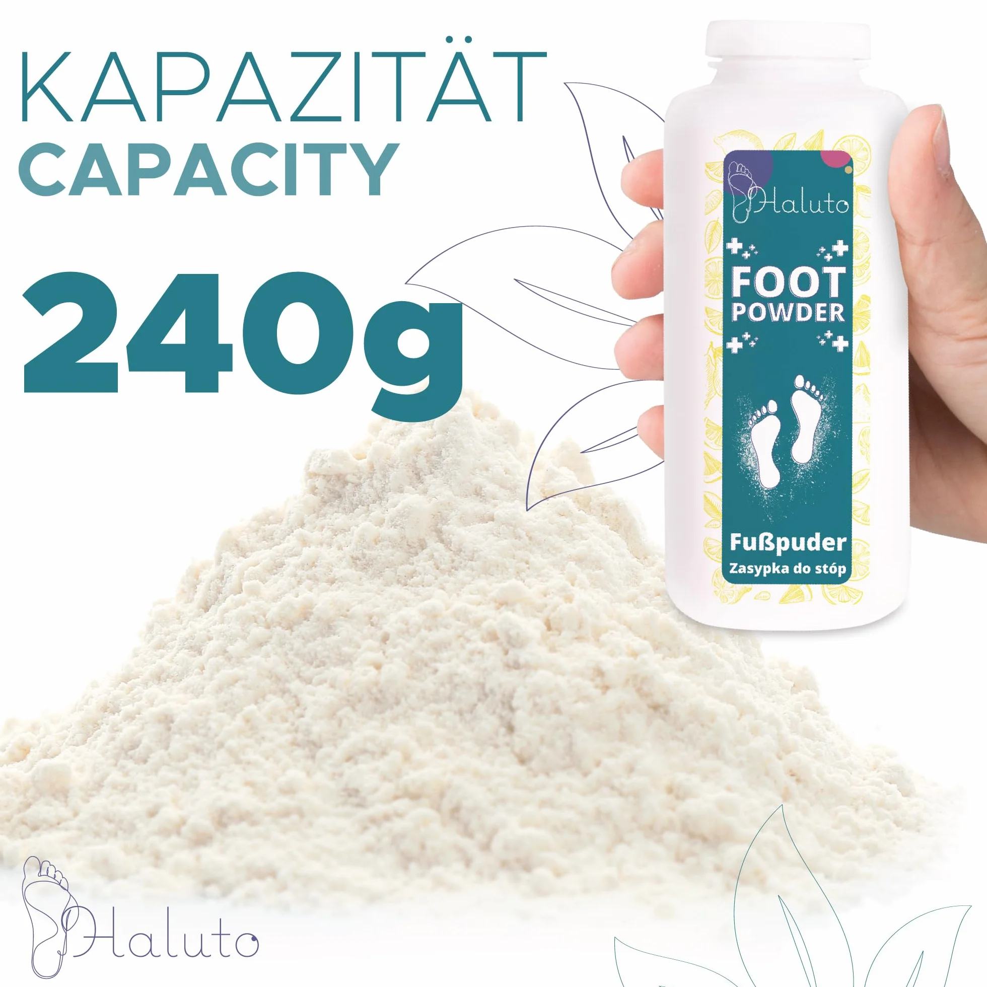 HALUTO Puder do butów i stóp – puder do stóp, przeciwdziała zapachowi, przeciw poceniu się stóp, antybakteryjny, z olejkiem z drzewa herbacianego, naturalny puder do stóp, 120 g (cytrus)