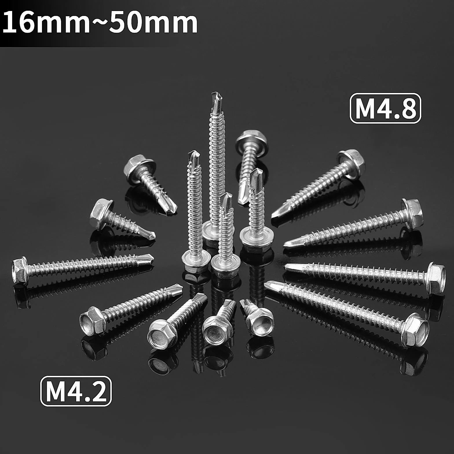 100 sztuk wkrętów samogwintujących do metalu, 4,2 x 50 mm, śruby do blachy trapezowej, stal nierdzewna, 304, wkręty do blachy, sześciokątne, wkręty z łbem sześciokątnym, zestaw kluczy