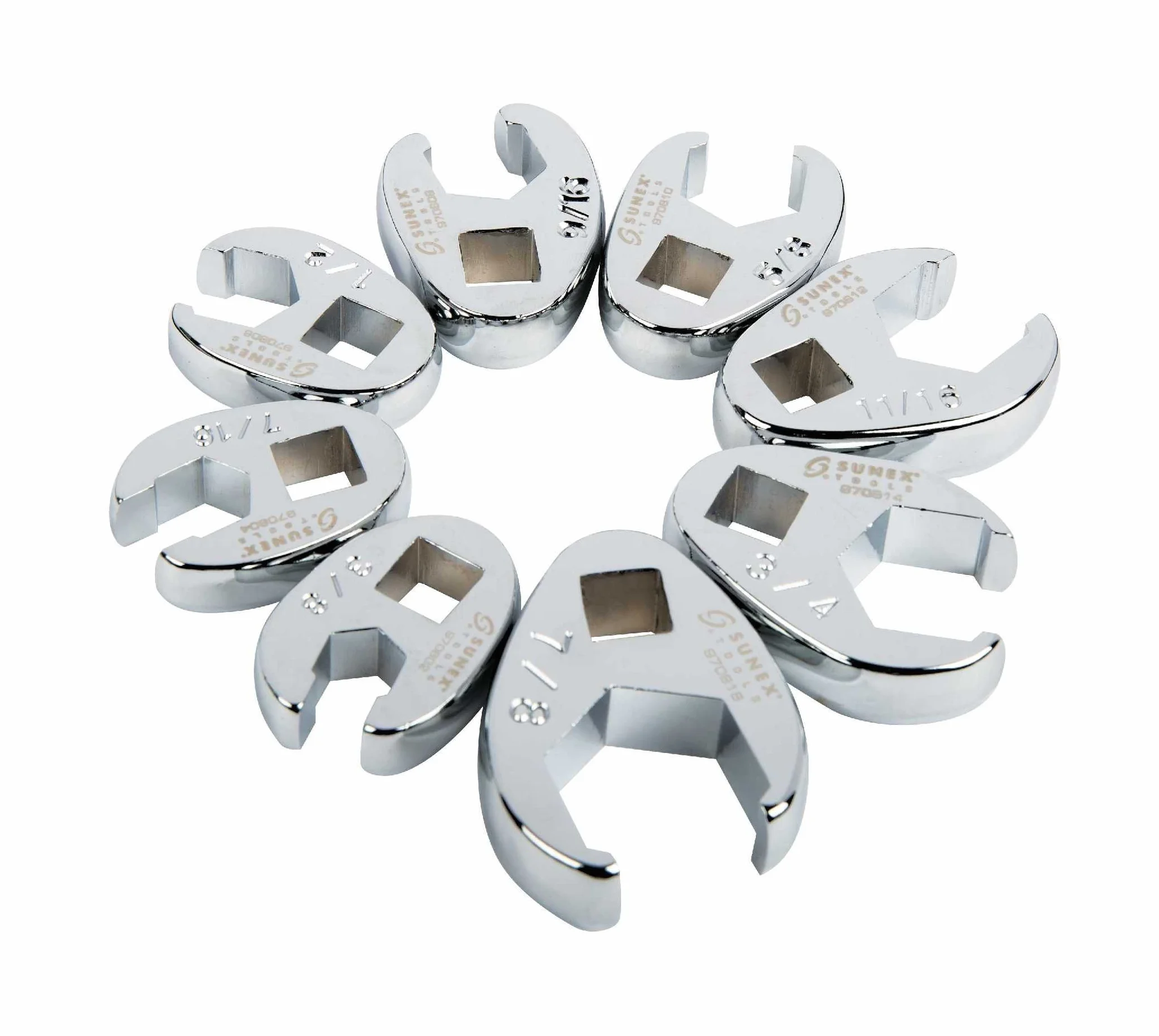 Sunex Tools 9708 3/8-calowy dysk frakcyjny Crowfoot Flare Zestaw kluczy nasadowych, 3/8-calowy - 7/8-calowy, w pełni polerowany, 8-częściowy